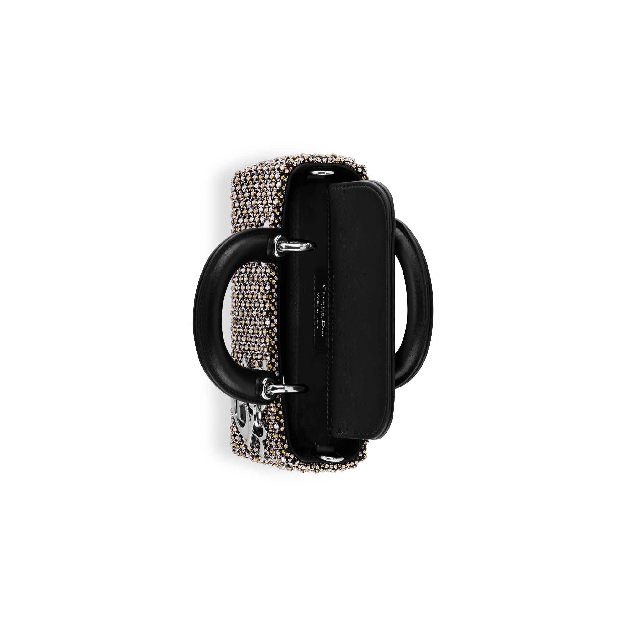 Lady D-Joy Micro Bag Calfskin Covered in Black Satin Embroidered with Gold-Tone and Silver-Tone Crystals E06