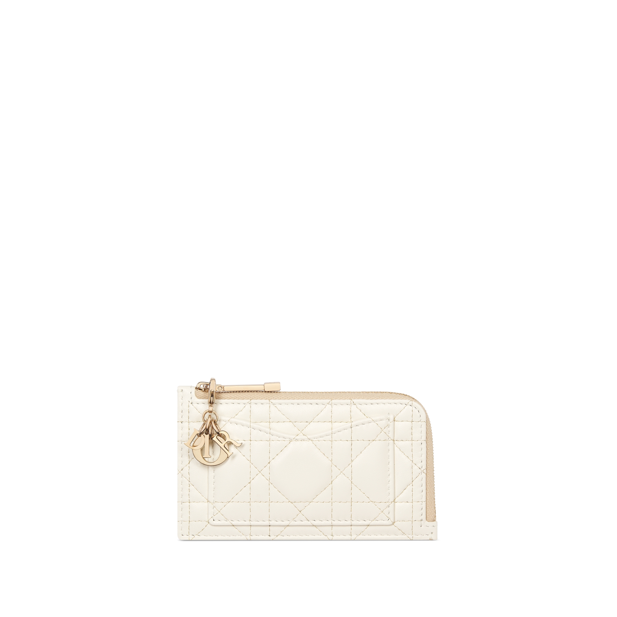 Lady Dior Cosmos Zipped Card Holder Two-Tone Gold and White Cannage Lambskin with Metallic Thread E01