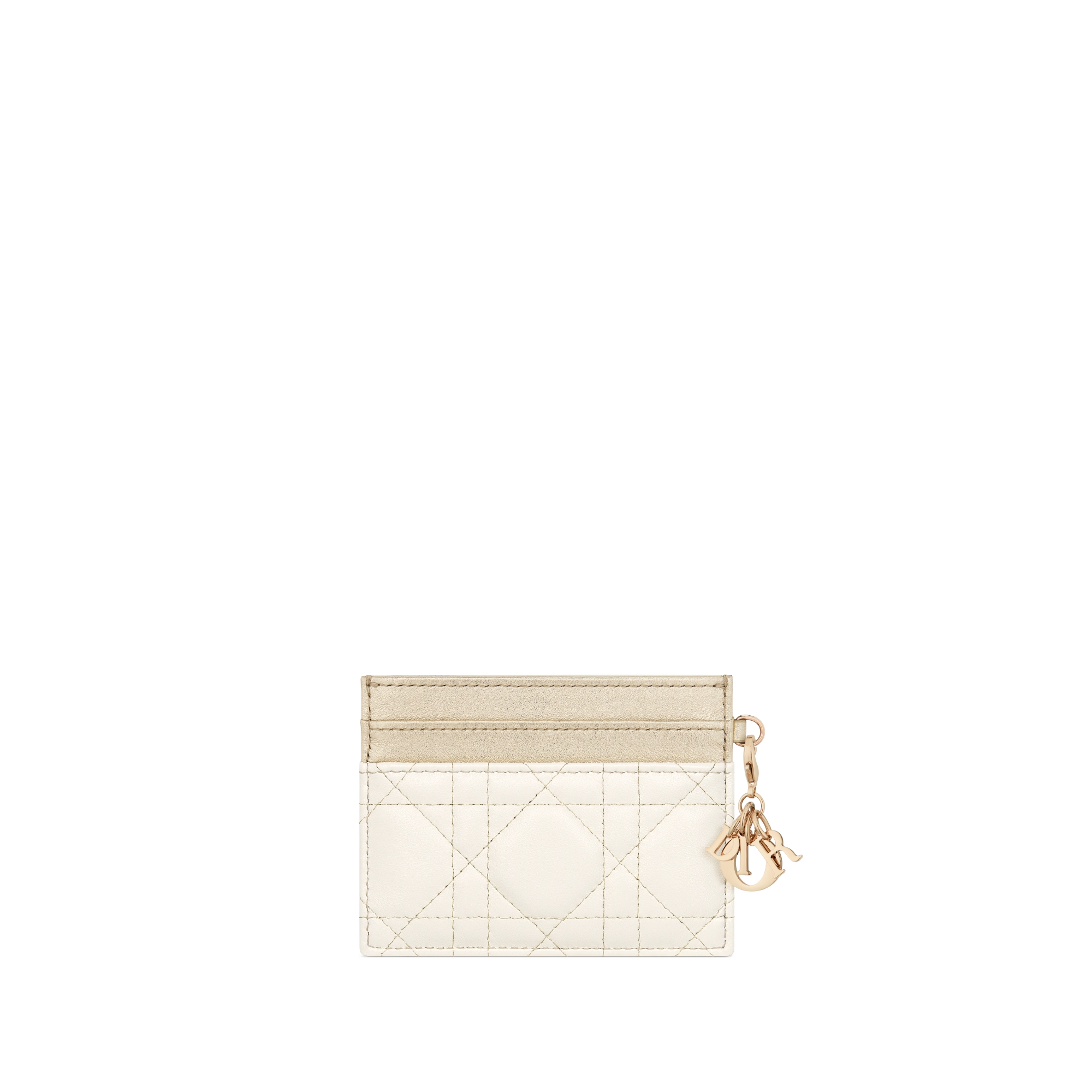 กระเป๋าใส่บัตร Lady Dior Freesia หนังแกะลาย Cannage แบบทูโทนสีทองและสีขาว แต่งเส้นด้ายเมทัลลิค E08