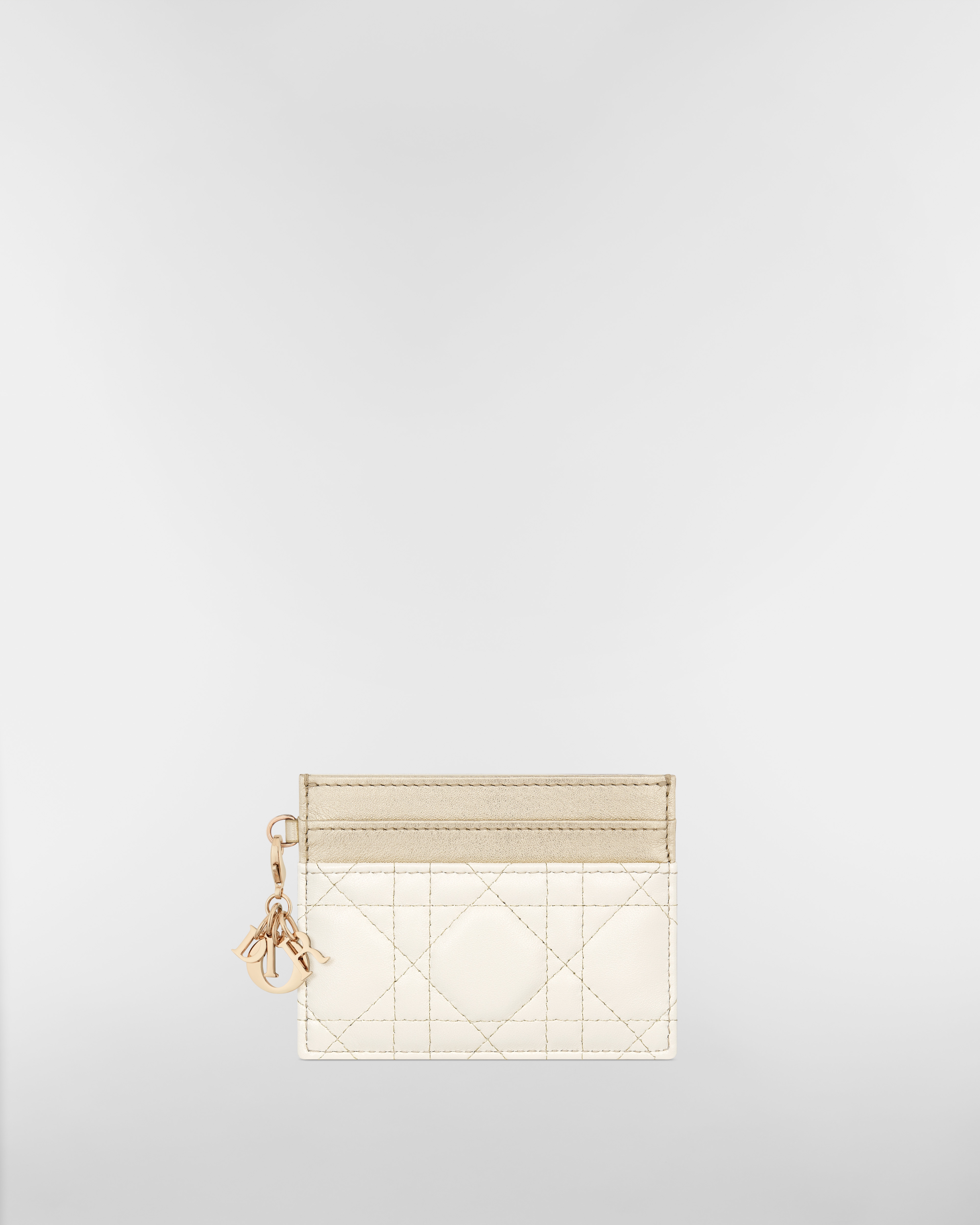 Lady Dior Freesia Card Holder Two-Tone Gold and White Cannage Lambskin with Metallic Thread E01