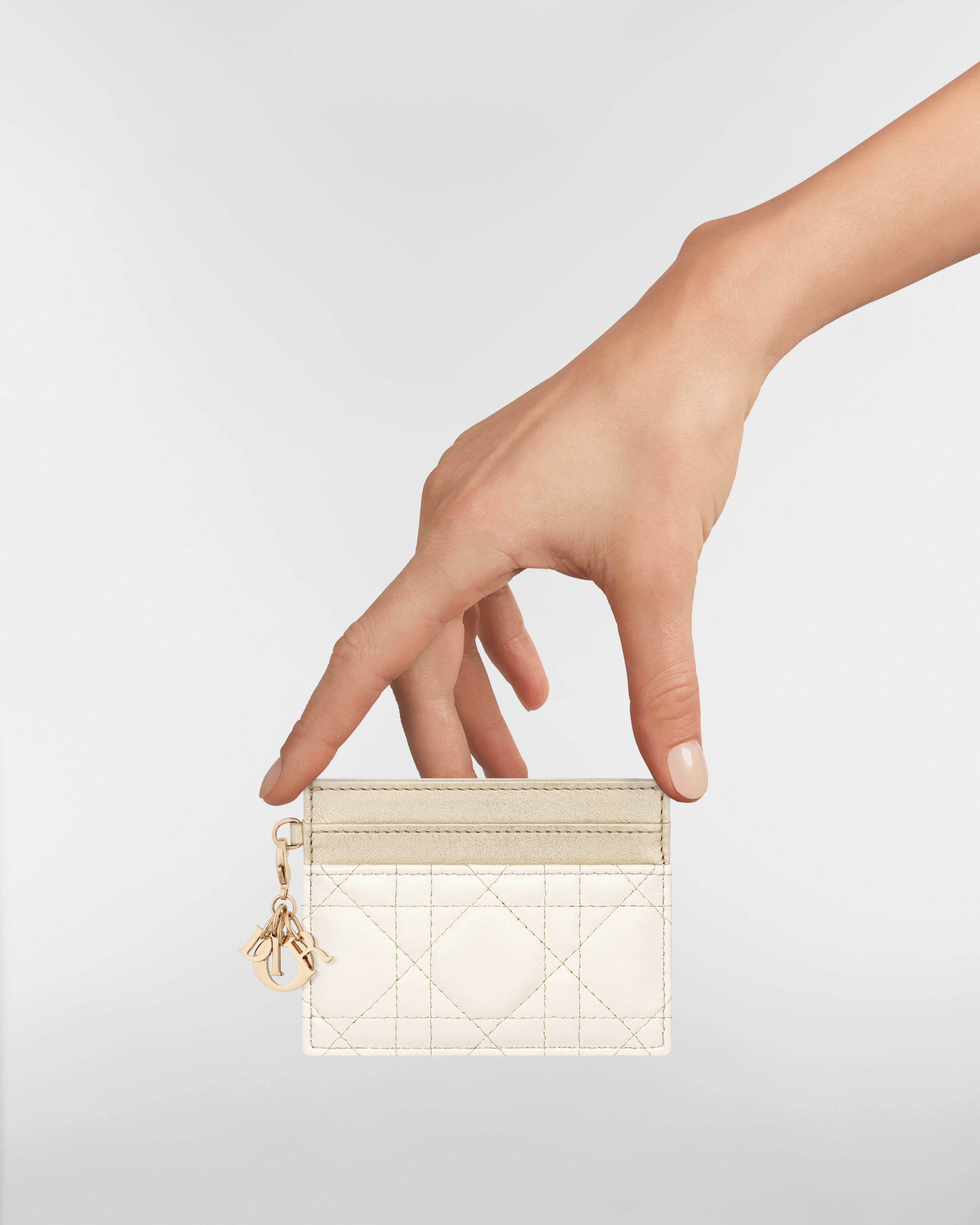 Lady Dior Freesia Card Holder Two-Tone Gold and White Cannage Lambskin with Metallic Thread E11