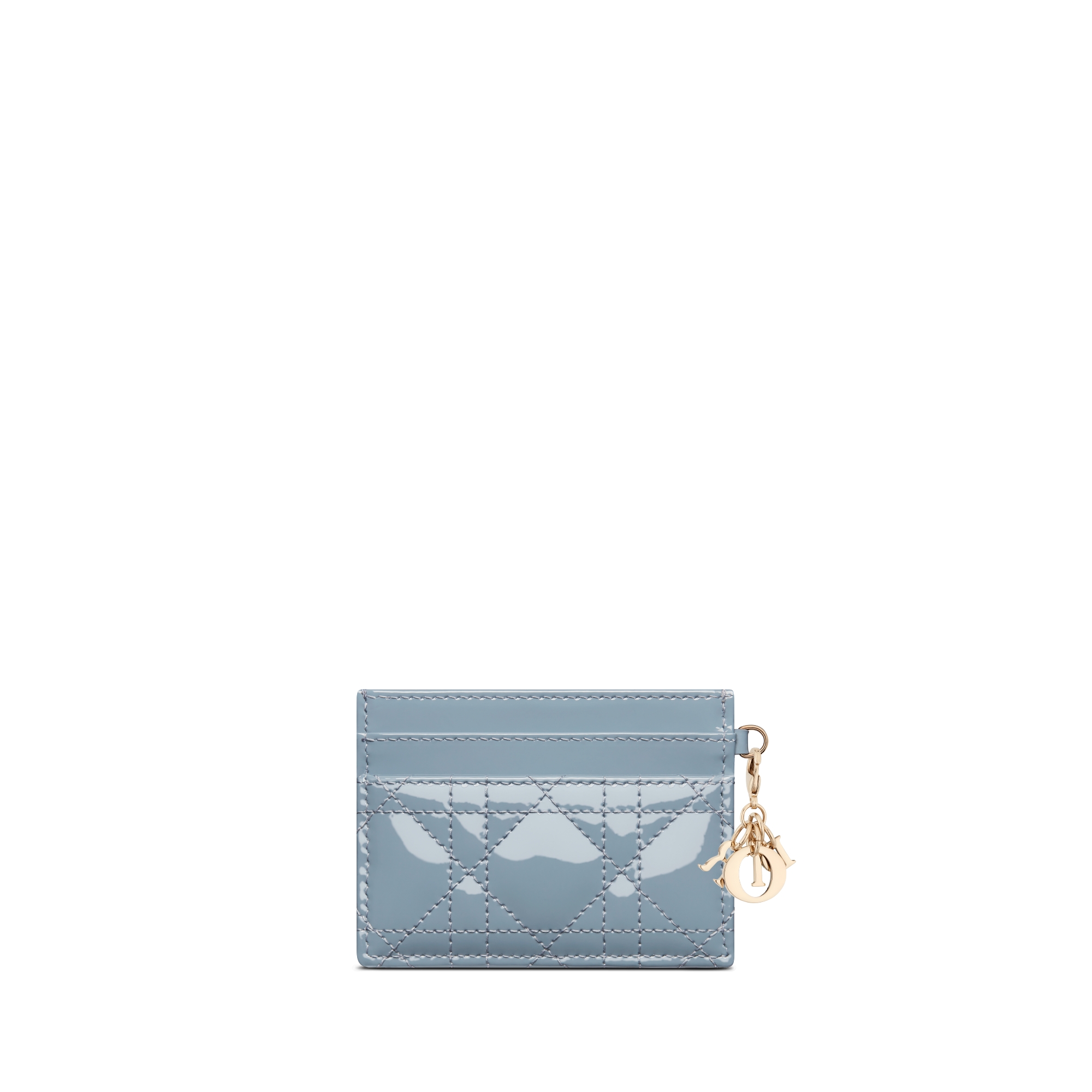 กระเป๋าใส่บัตร Lady Dior Freesia หนังลูกวัวแบบหนังแก้วลาย Cannage สีฟ้าคลาวด์บลู E08