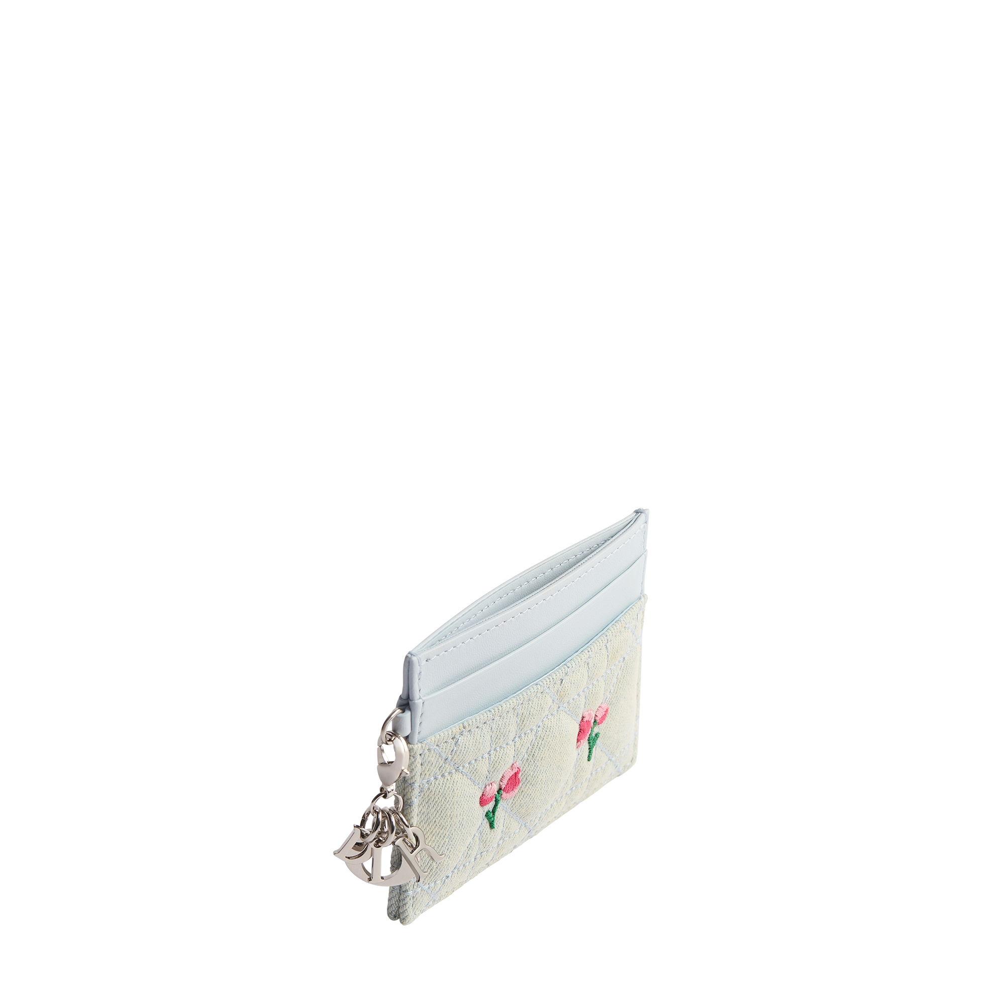 Dioramour Lady Dior Freesia Card Holder Blue Cannage Denim Embroidered with Multicolor Doves & Roses Motif E06