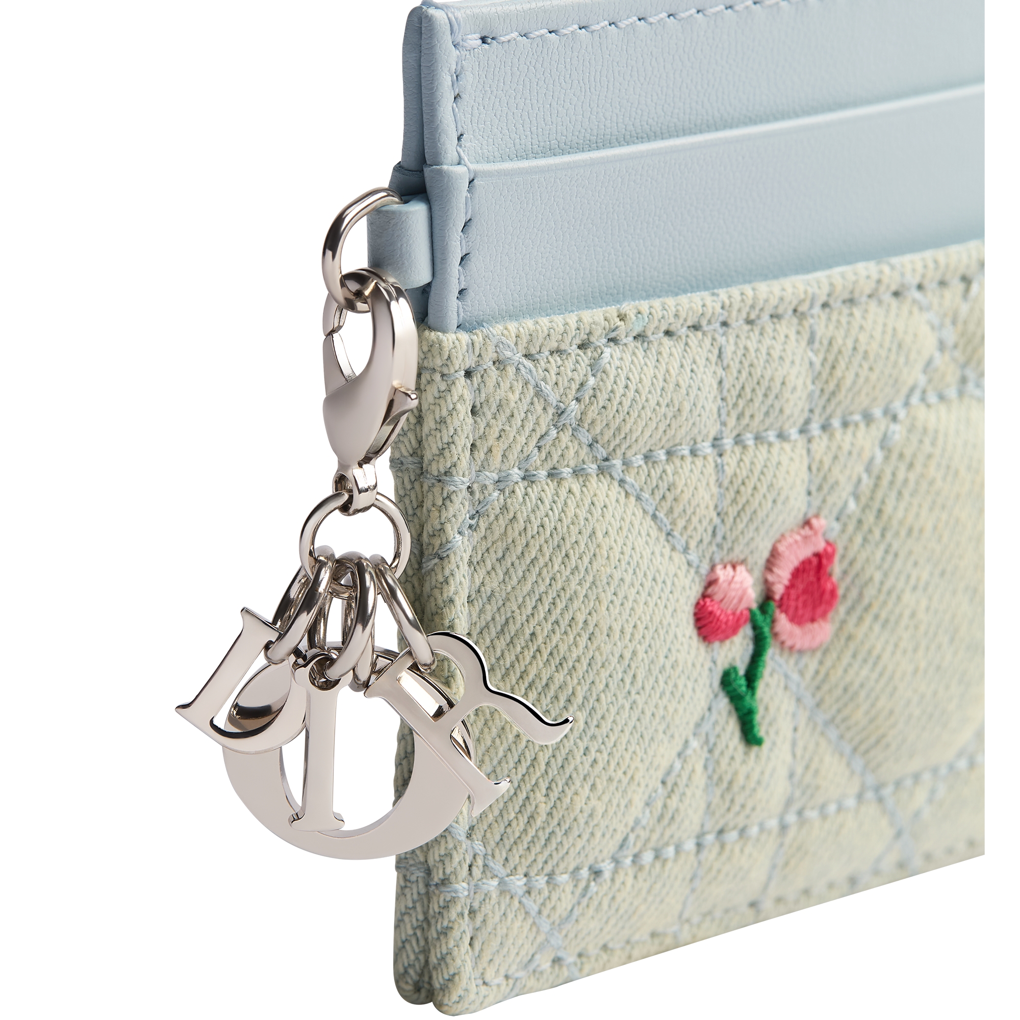 Dioramour Lady Dior Freesia Card Holder Blue Cannage Denim Embroidered with Multicolor Doves & Roses Motif E09