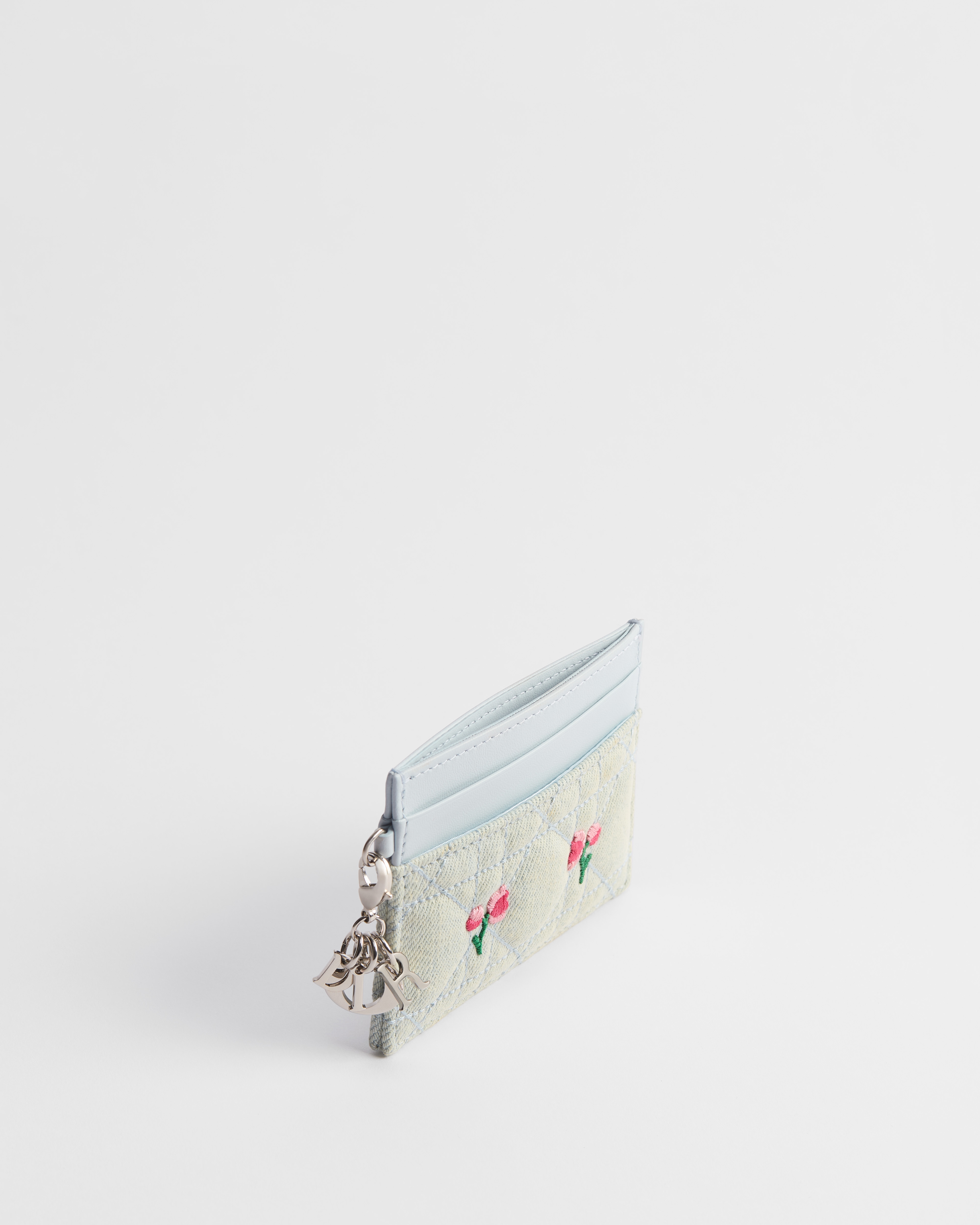 Dioramour Lady Dior Freesia Card Holder Blue Cannage Denim Embroidered with Multicolor Doves & Roses Motif E06