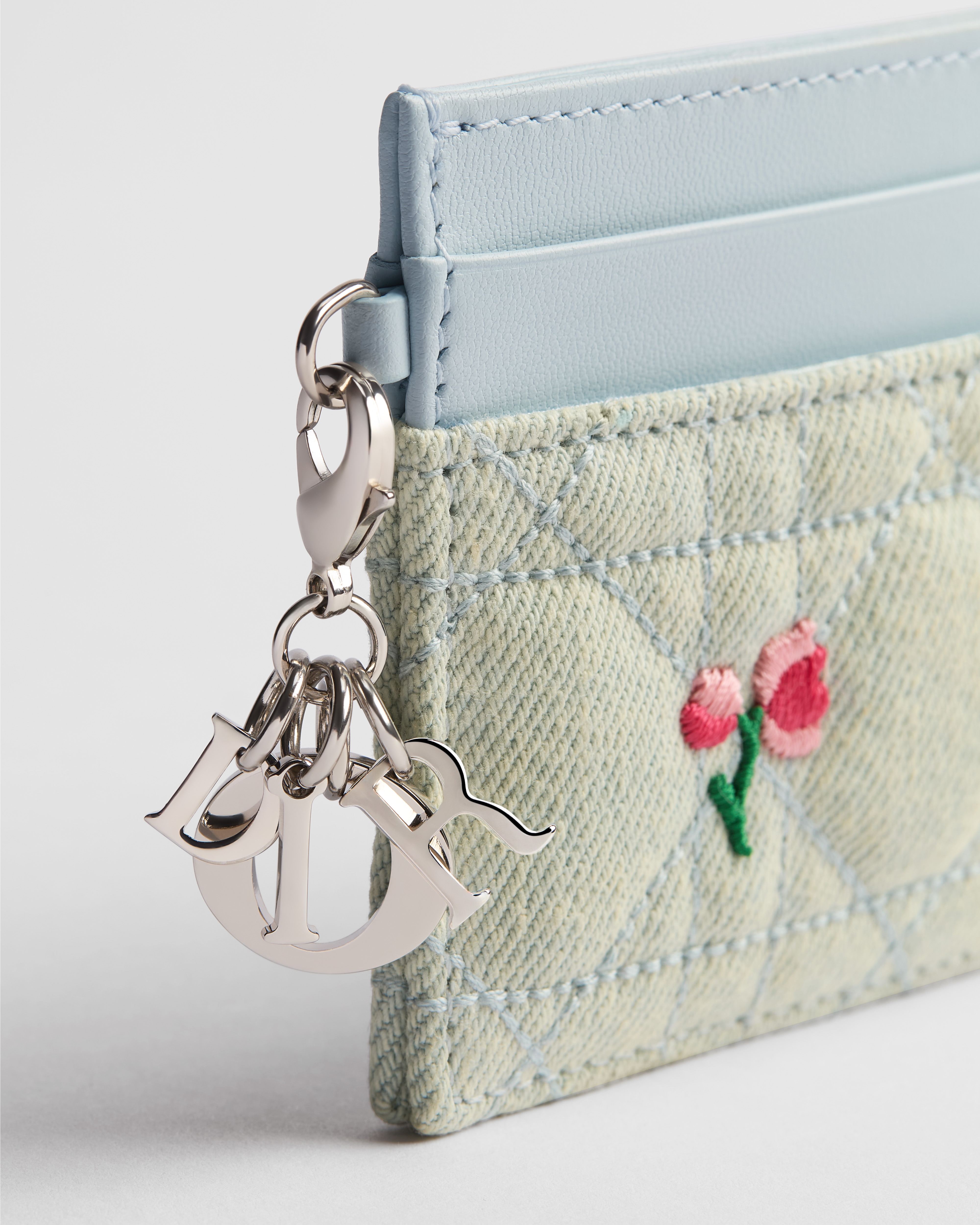 Dioramour Lady Dior Freesia Card Holder Blue Cannage Denim Embroidered with Multicolor Doves & Roses Motif E09