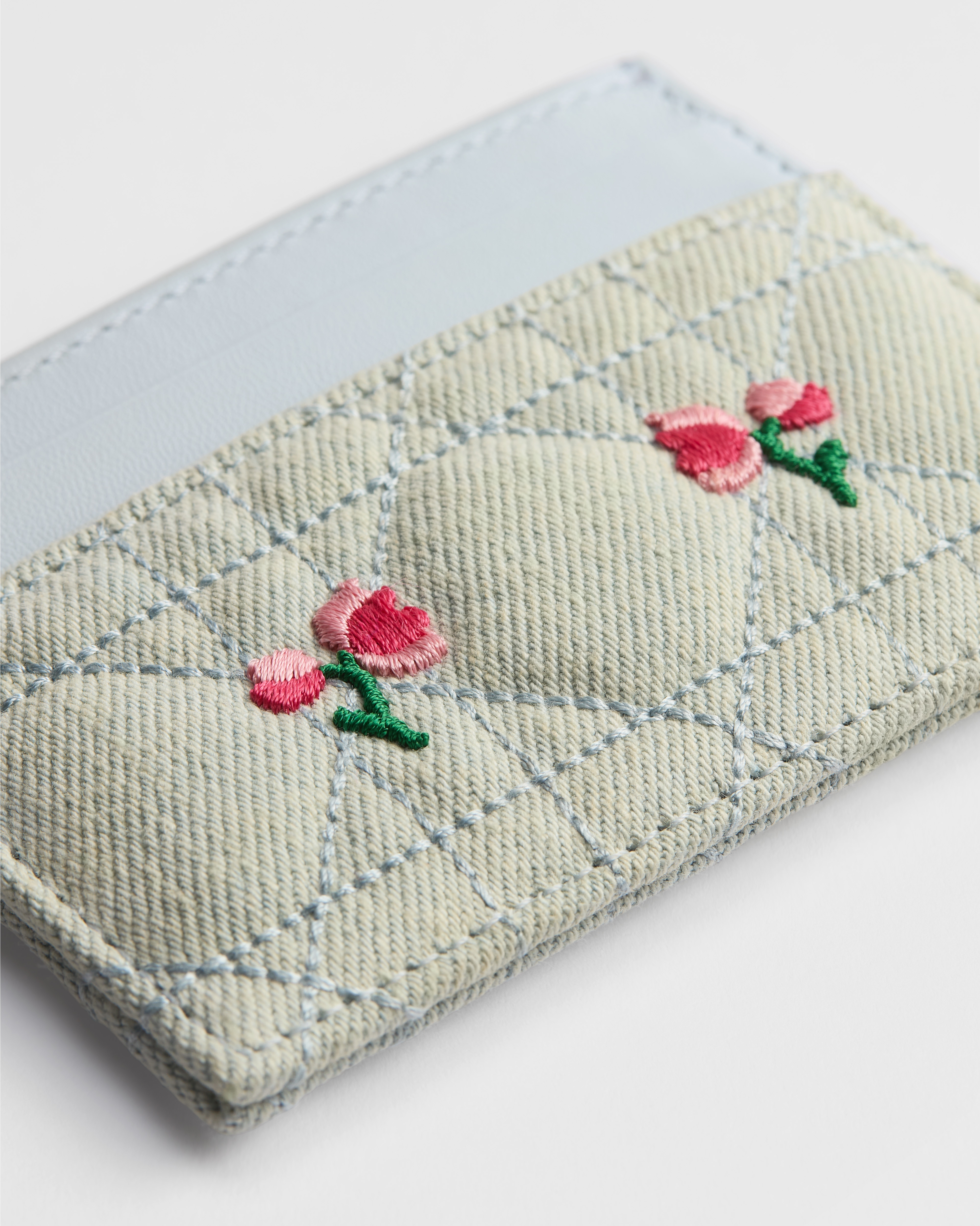 Dioramour Lady Dior Freesia Card Holder Blue Cannage Denim Embroidered with Multicolor Doves & Roses Motif E10