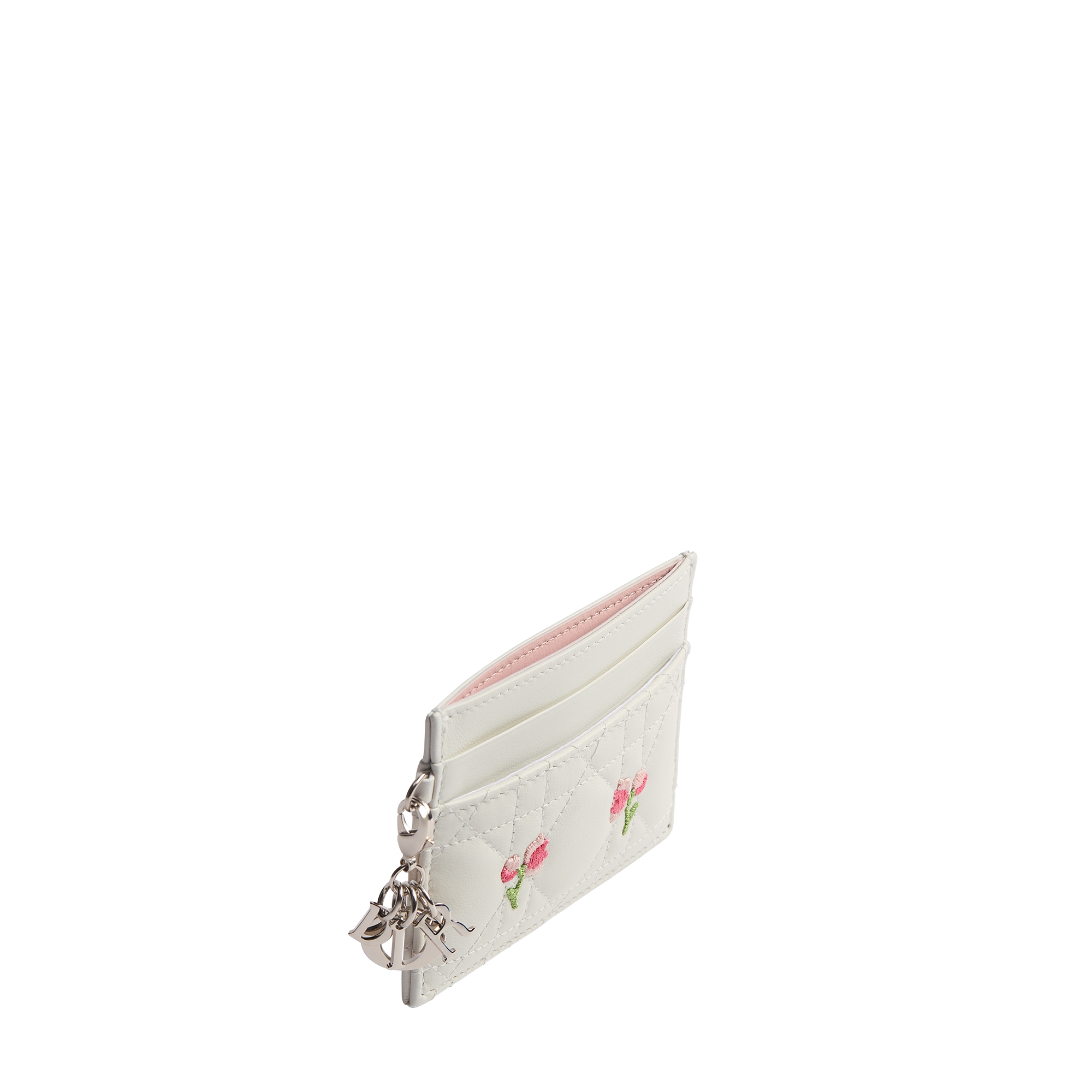 Dioramour Lady Dior Freesia Card Holder White Cannage Lambskin Embroidered with Multicolor Doves & Roses Motif E06