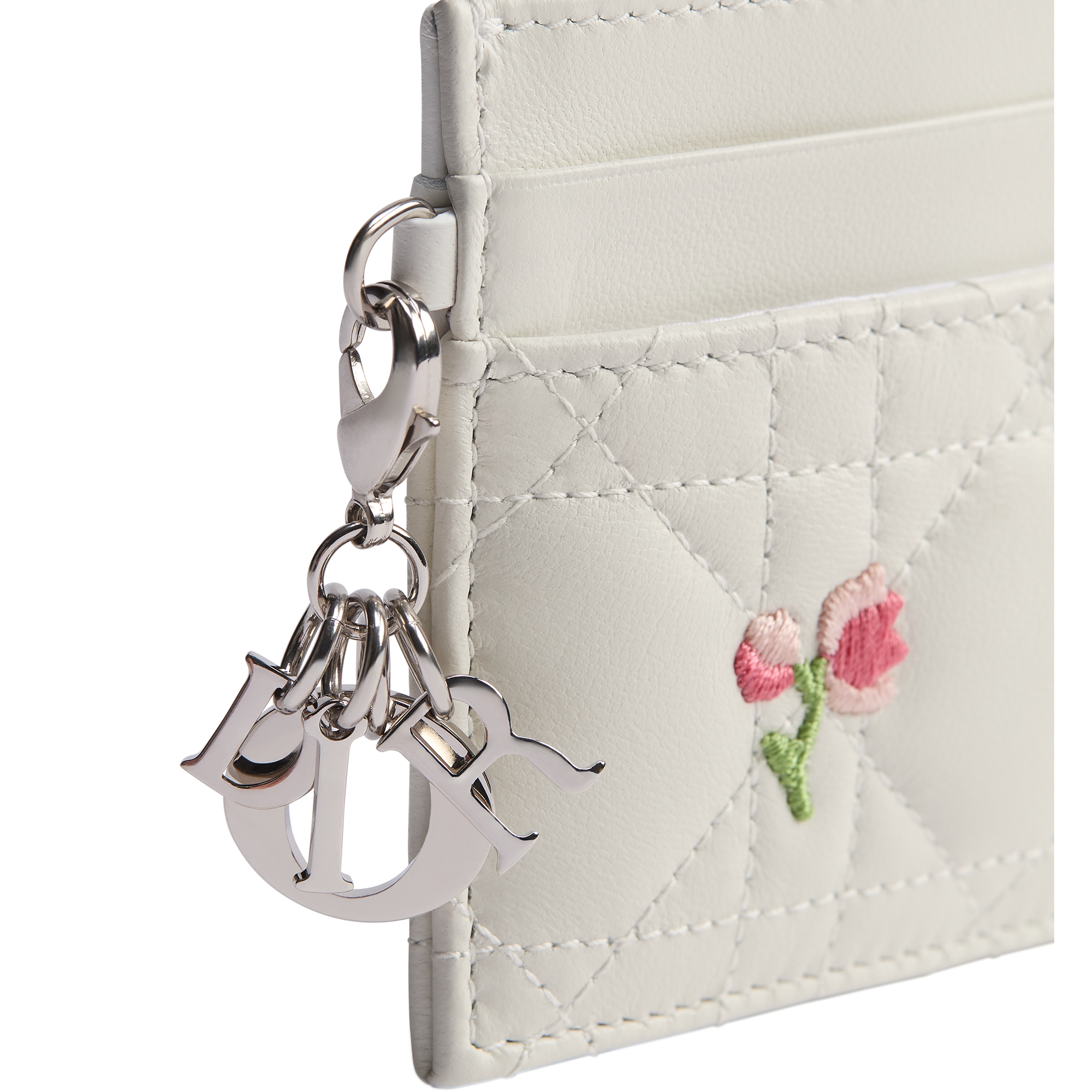 Dioramour Lady Dior Freesia Card Holder White Cannage Lambskin Embroidered with Multicolor Doves & Roses Motif E09