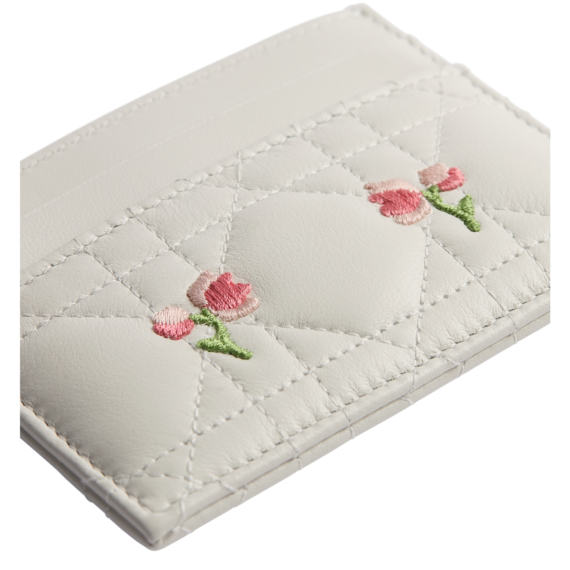 Dioramour Lady Dior Freesia Card Holder White Cannage Lambskin Embroidered with Multicolor Doves & Roses Motif E10