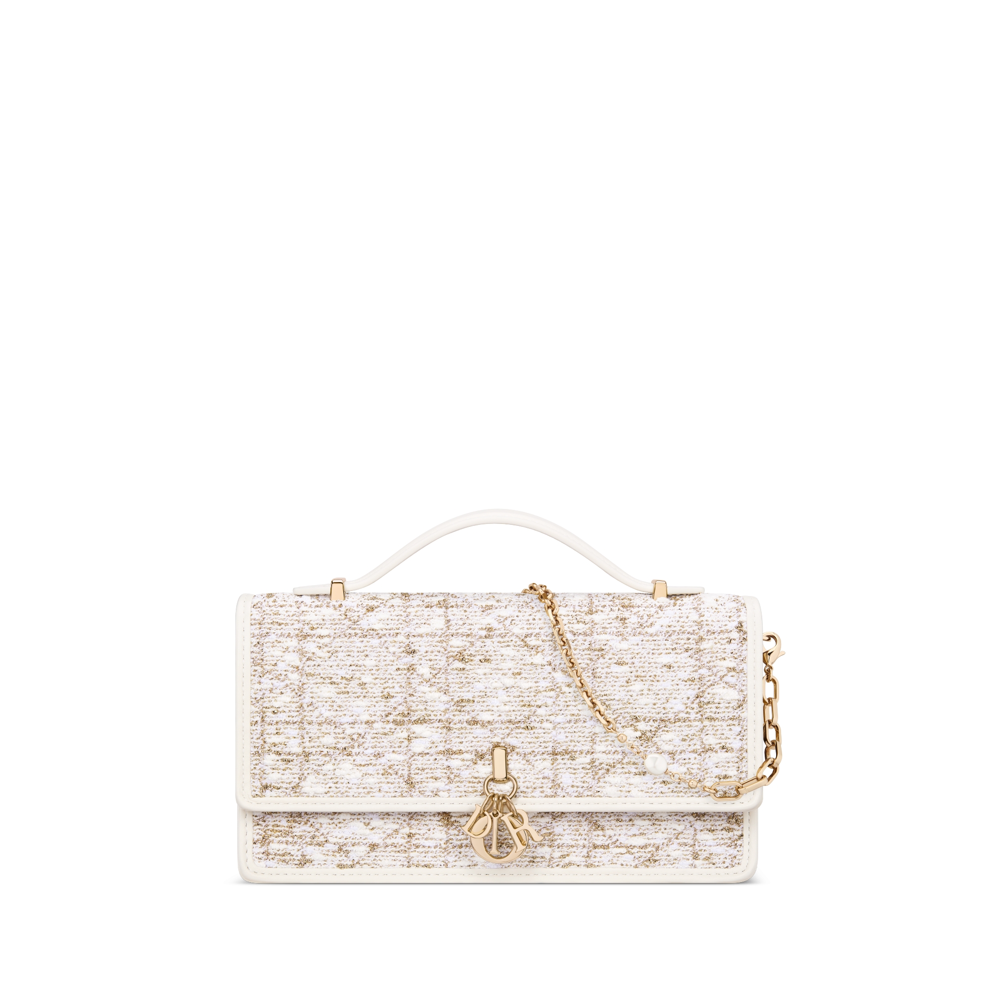 Dior Or My Dior 미니 백 화이트 트위드 & 골드 메탈릭 스레드 까나쥬 모티브 E01