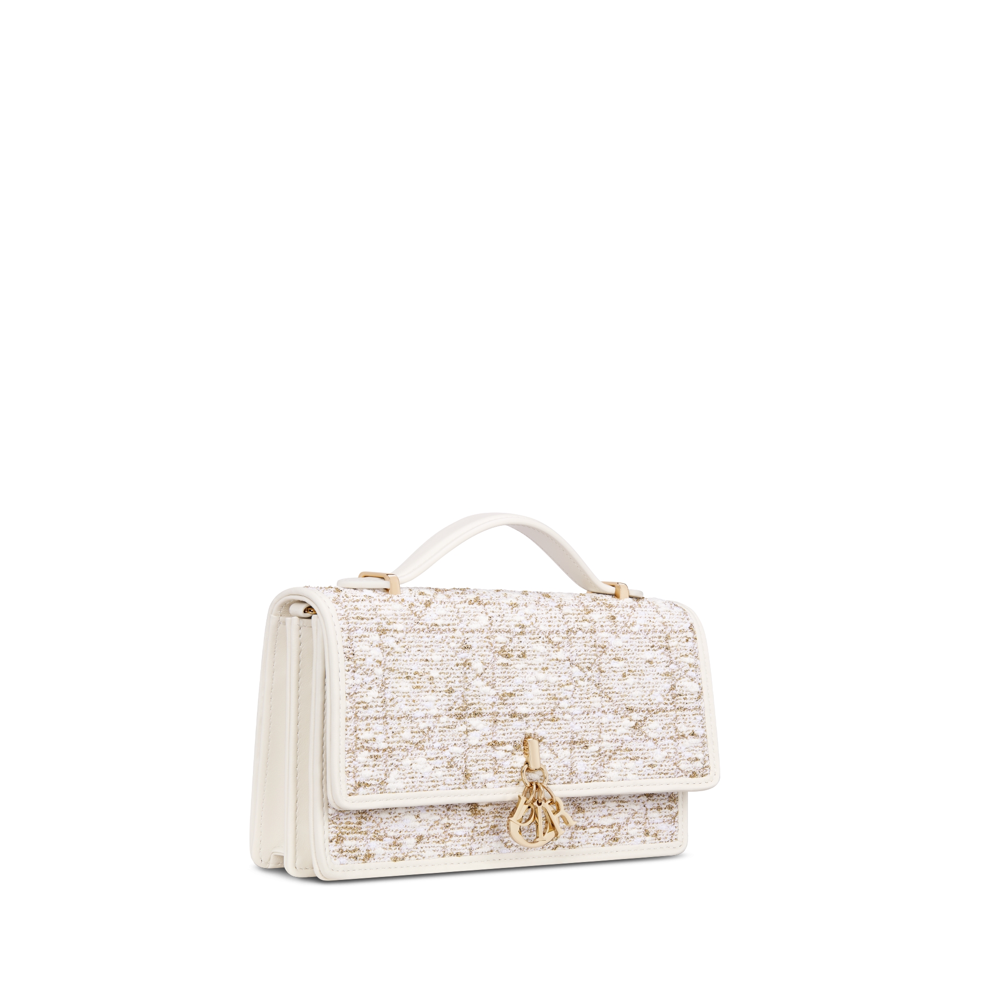 Dior Or My Dior 미니 백 화이트 트위드 & 골드 메탈릭 스레드 까나쥬 모티브 E03