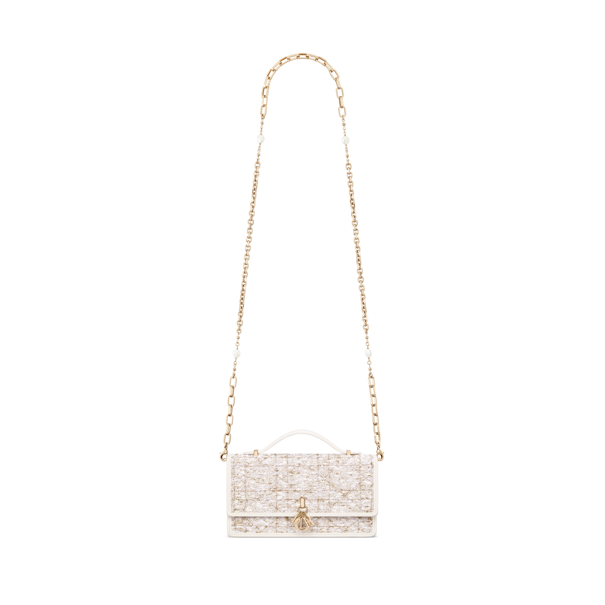 Dior Or My Dior 미니 백 화이트 트위드 & 골드 메탈릭 스레드 까나쥬 모티브 E07