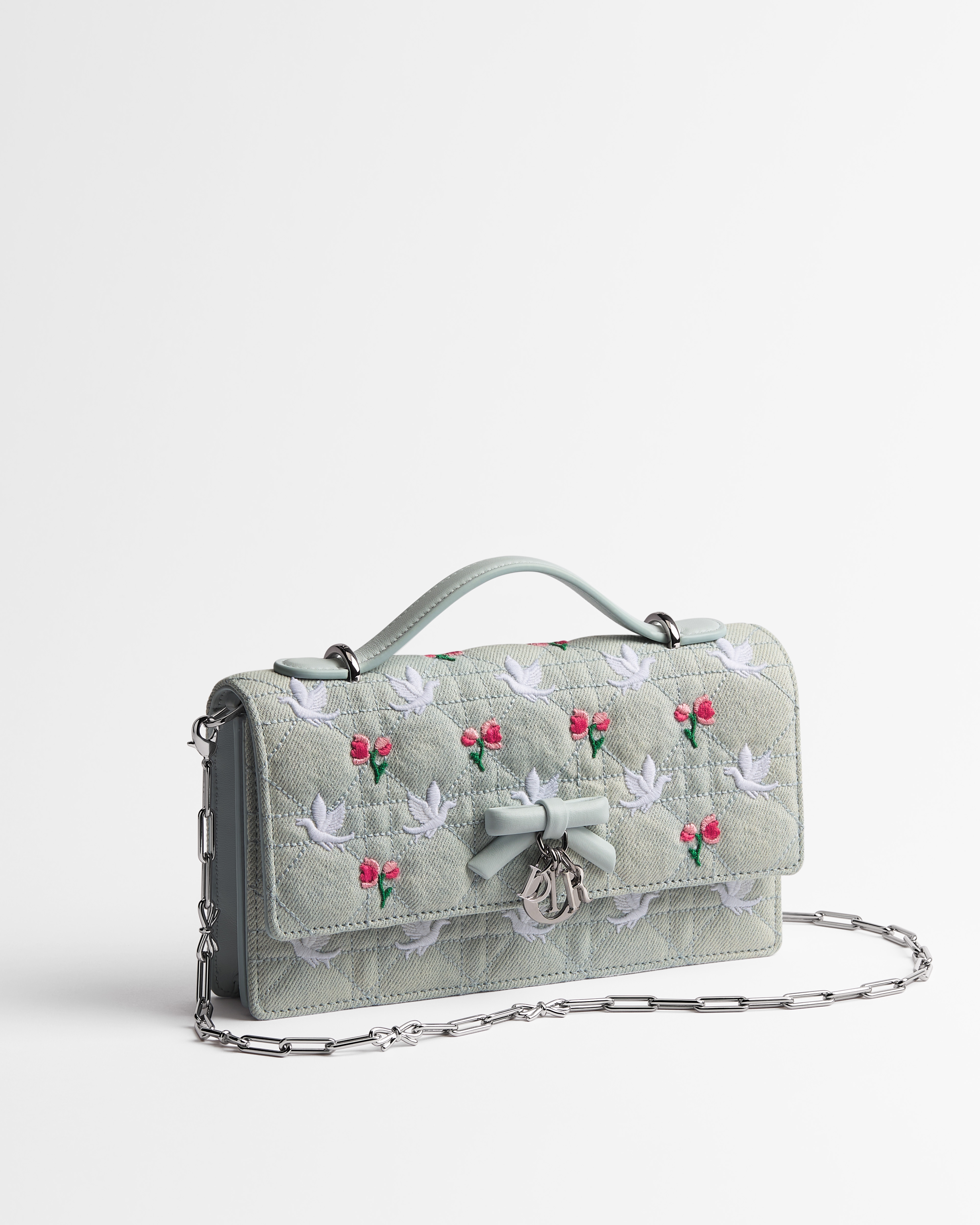 Dioramour My Dior Minitasche Cannage Denim in Blau mit Doves & Roses Stickerei in mehreren Farben E03