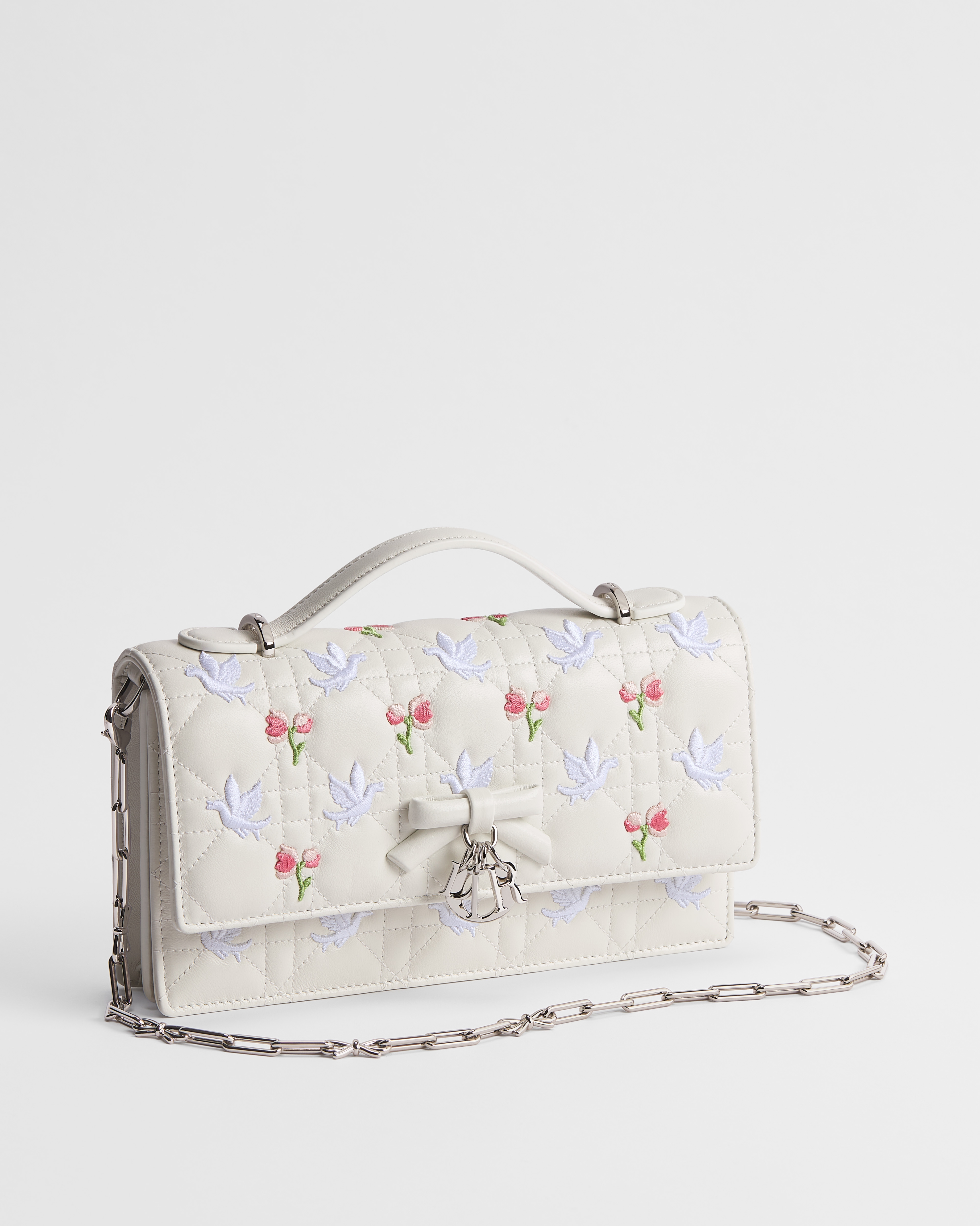 Dioramour My Dior Mini Bag White Cannage Lambskin Embroidered with Multicolor Doves & Roses Motif E03