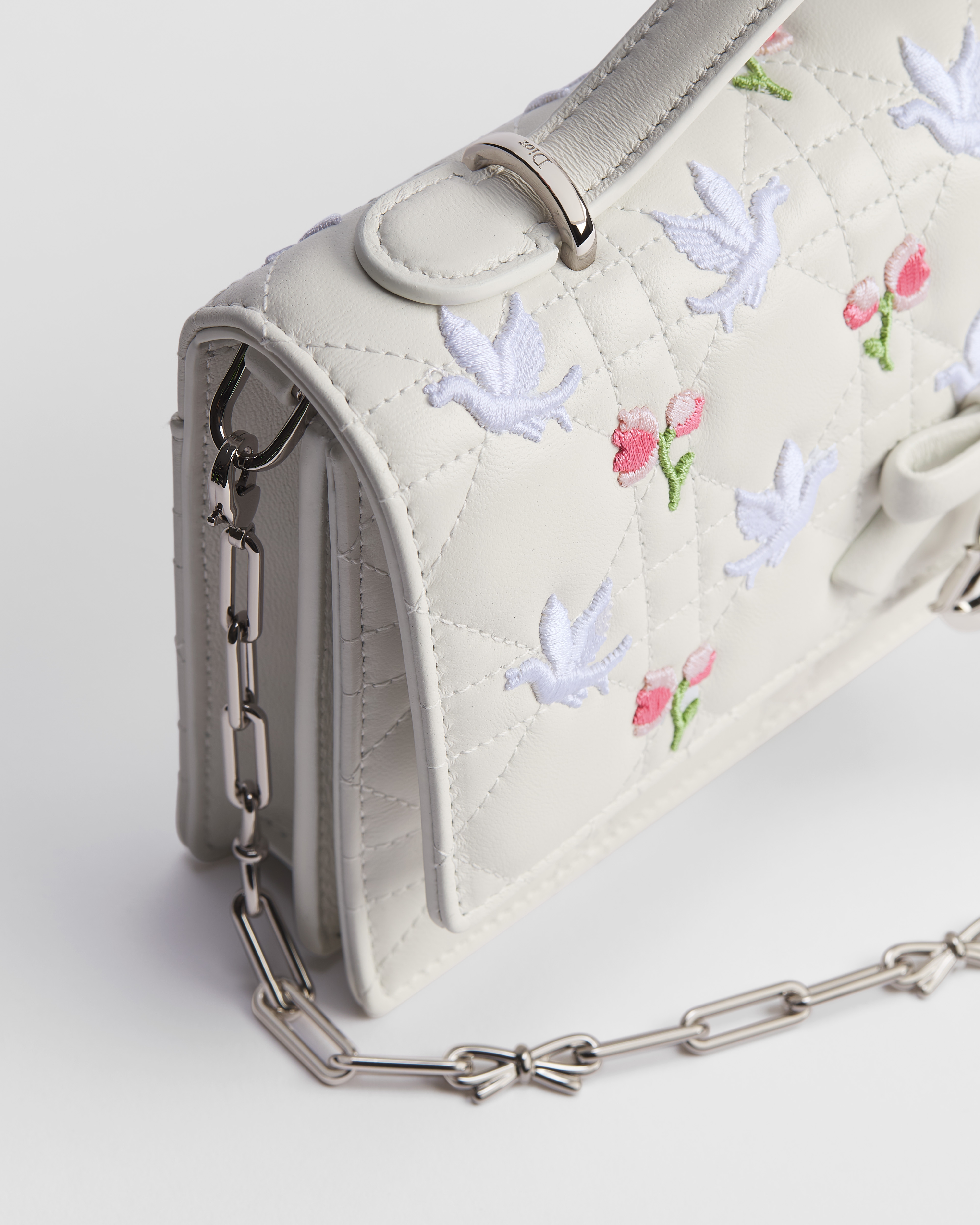Dioramour My Dior Mini Bag White Cannage Lambskin Embroidered with Multicolor Doves & Roses Motif E09