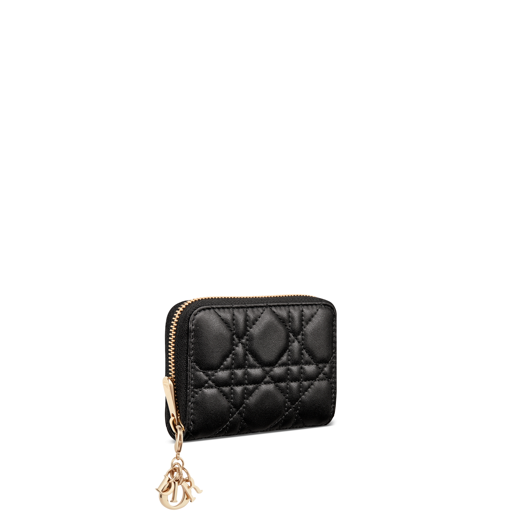 Kleine Lady Dior Voyageur muntportemonnee Zwart lamsleer met Cannage-motief E03