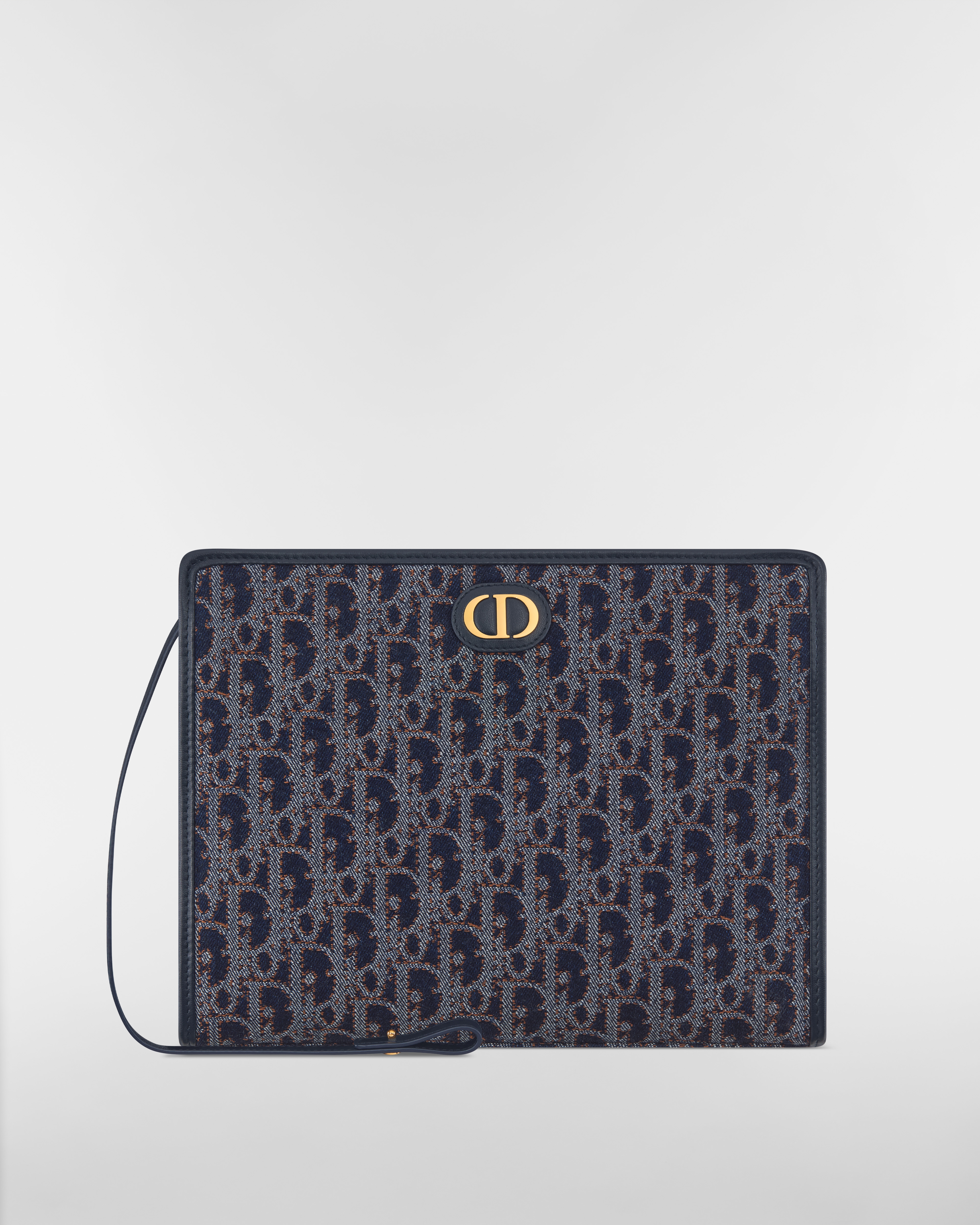 Pochette Dea 30 Montaigne Toile Dior Oblique Denim à surpiqûres contrastées bleu et couleur tabac E01