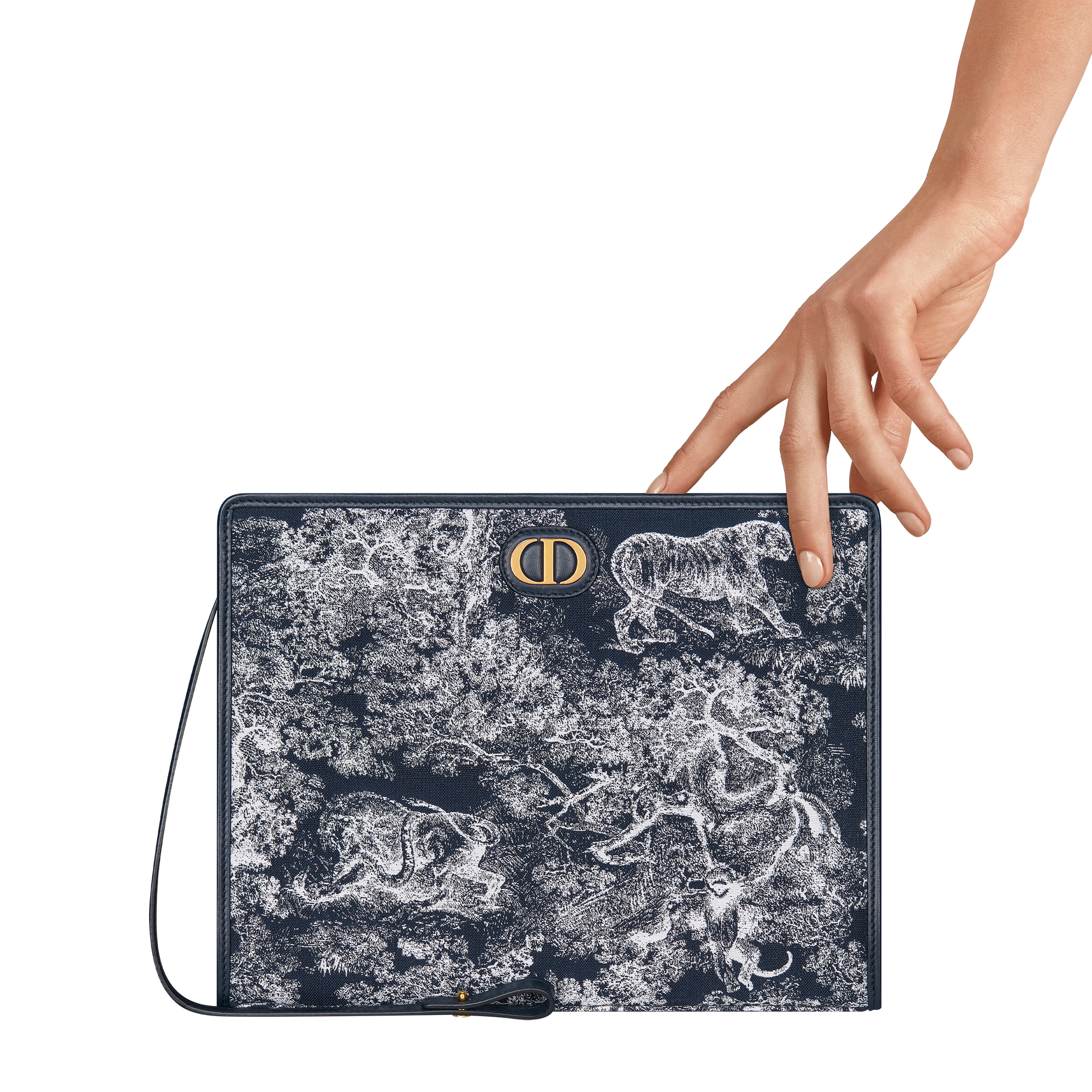 กระเป๋าเพาช์ 30 Montaigne Dea ผ้าแจ็กการ์ดลาย Toile de Jouy Reverse สีน้ำเงิน E11