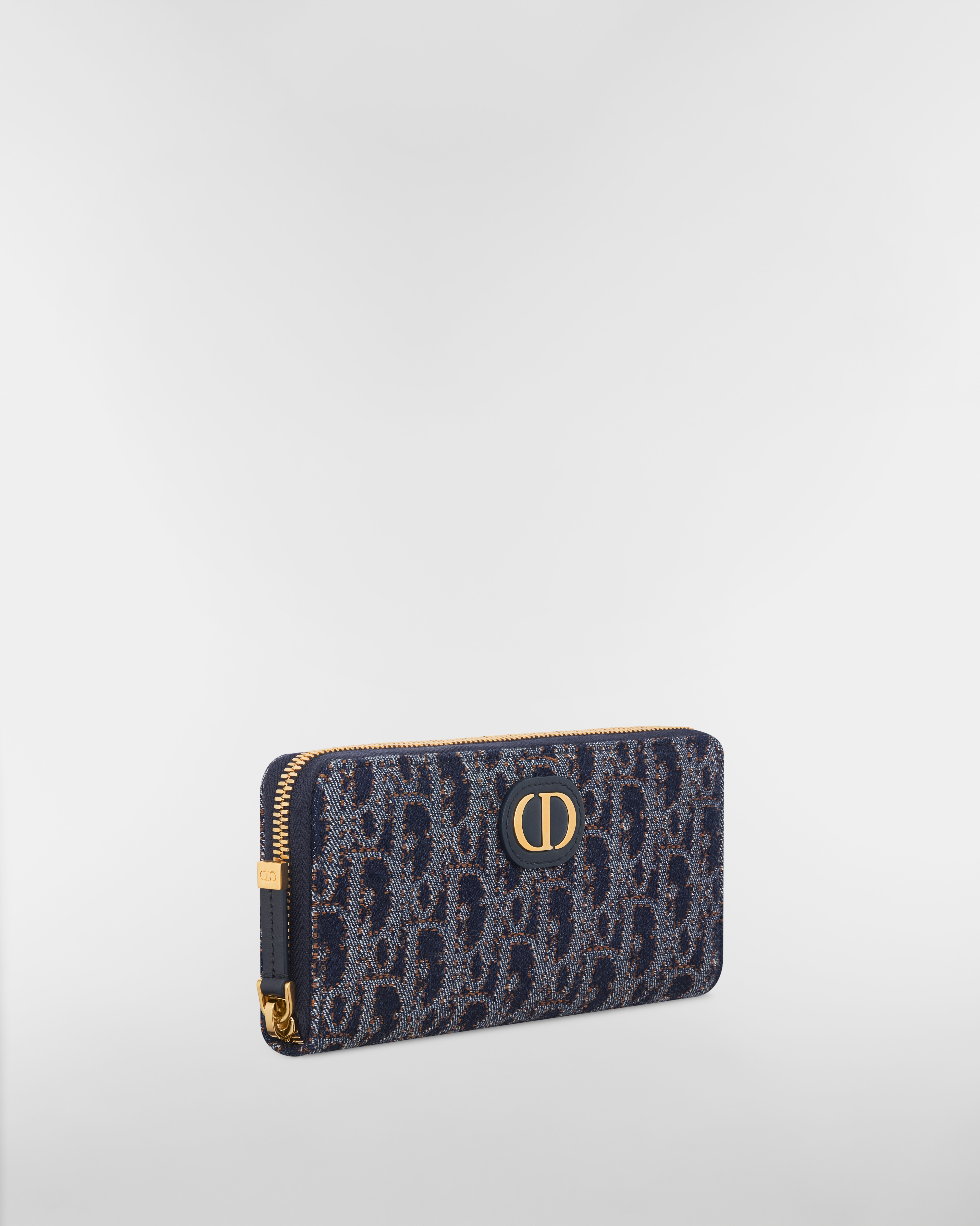 30 Montaigne Voyageur Slim Wallet Blue and Tobacco Brown Dior Oblique Denim with Contrasting Topstitching E03