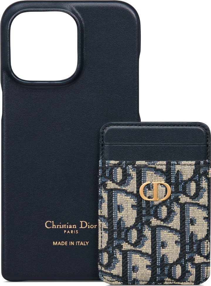 30 Montaigne Cover for iPhone 15 Pro Max with Magnetic Card Holder Blue  Grained Calfskin and Dior Oblique Jacquard | DIOR
