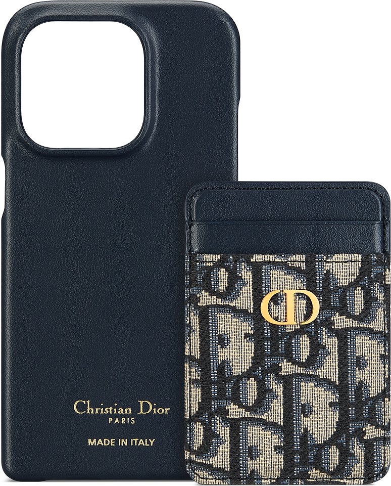 30 Montaigne Cover for iPhone 15 Pro with Magnetic Card Holder Blue Grained Calfskin and Dior Oblique Jacquard DIOR