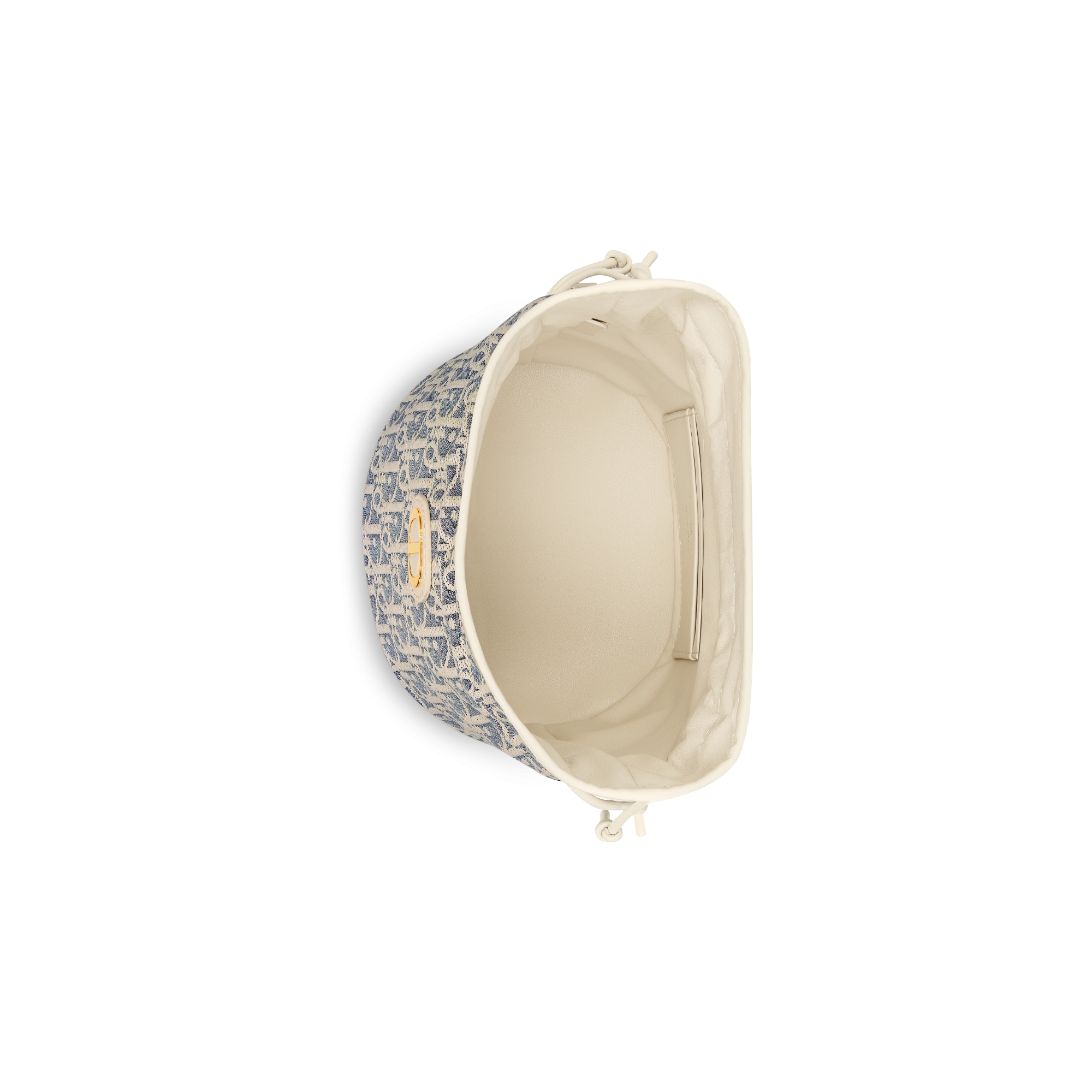 Mini sac seau à cordon 30 Montaigne Tissu Chambray avec effet raphia Dior Oblique bleu et cuir de veau lisse couleur biscuit clair E06