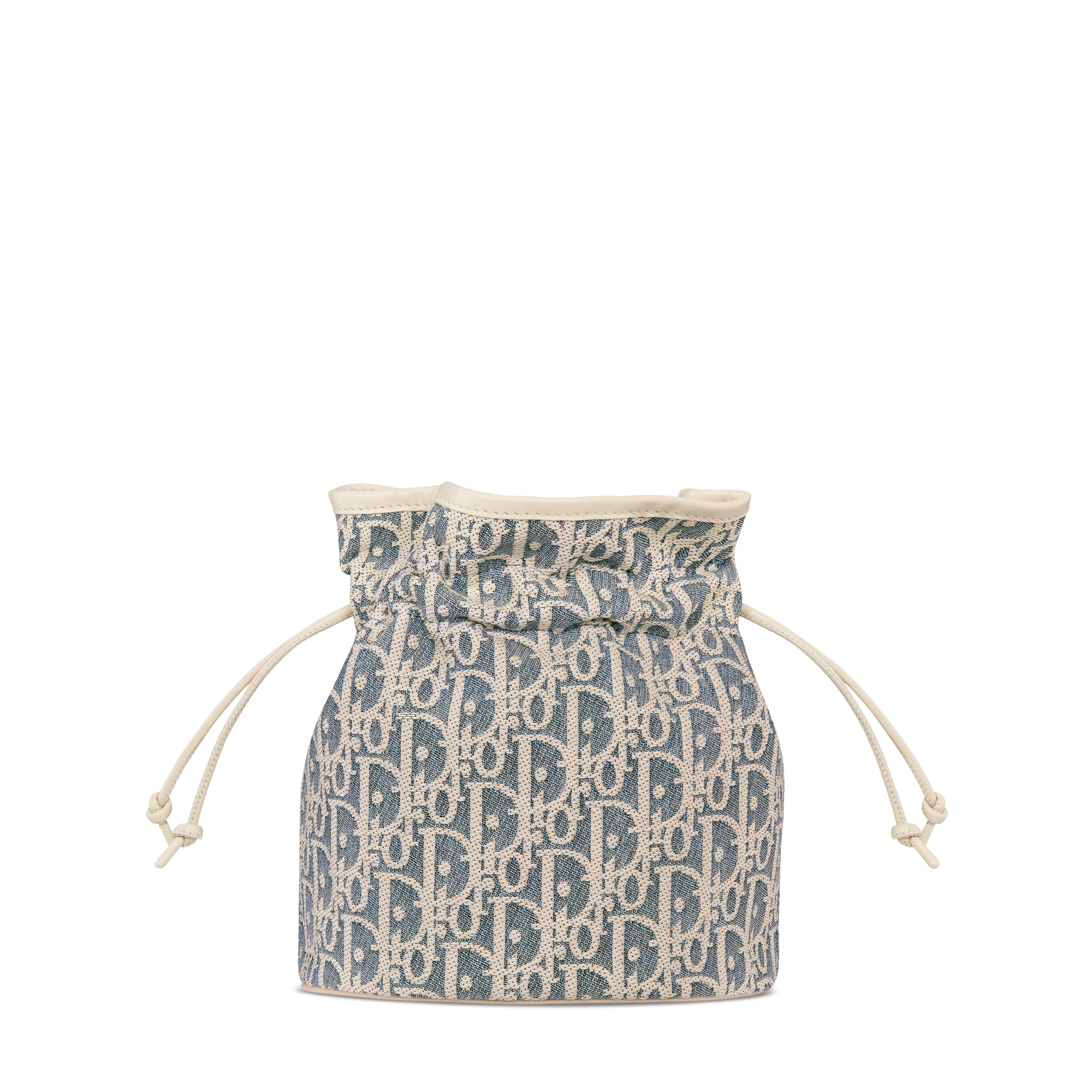 Mini sac seau à cordon 30 Montaigne Tissu Chambray avec effet raphia Dior Oblique bleu et cuir de veau lisse couleur biscuit clair E08