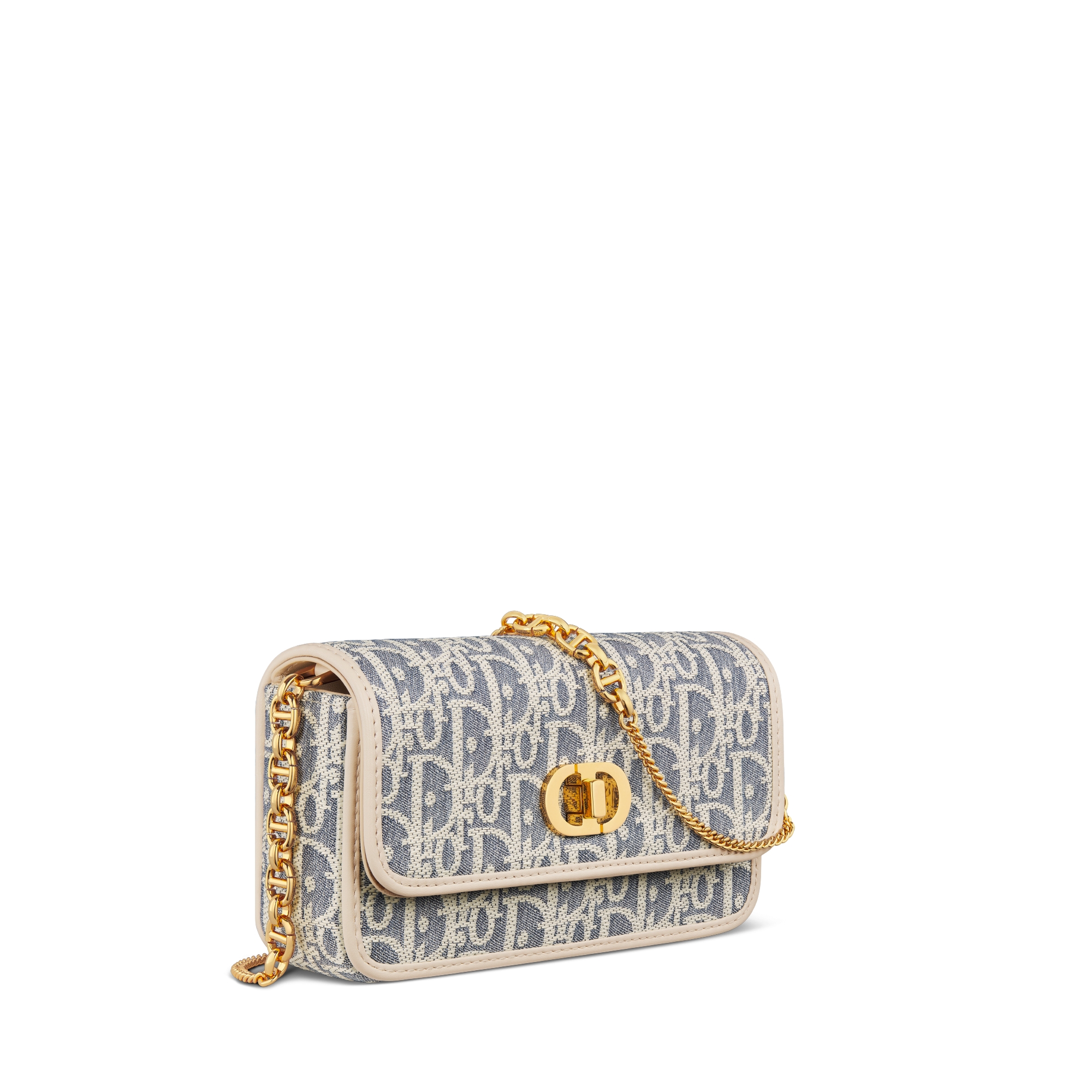 Miss Caro 附鏈帶小型手拿包 藍色仿拉菲草效果 Dior Oblique 條格布和淺餅乾棕色光滑小牛皮 E03