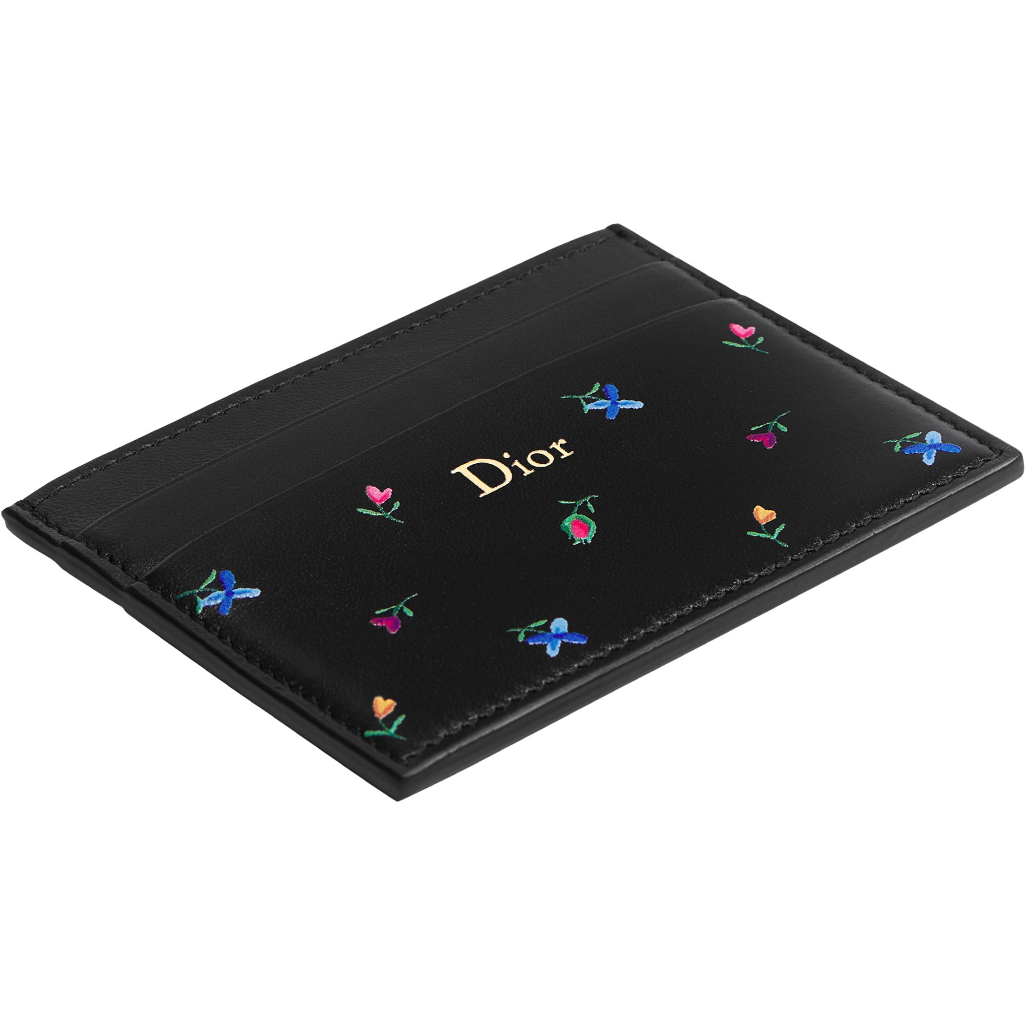 Dioramour Dior Freesia Card Holder Black Lambskin Printed with Multicolor Revolution Flowers Motif E03