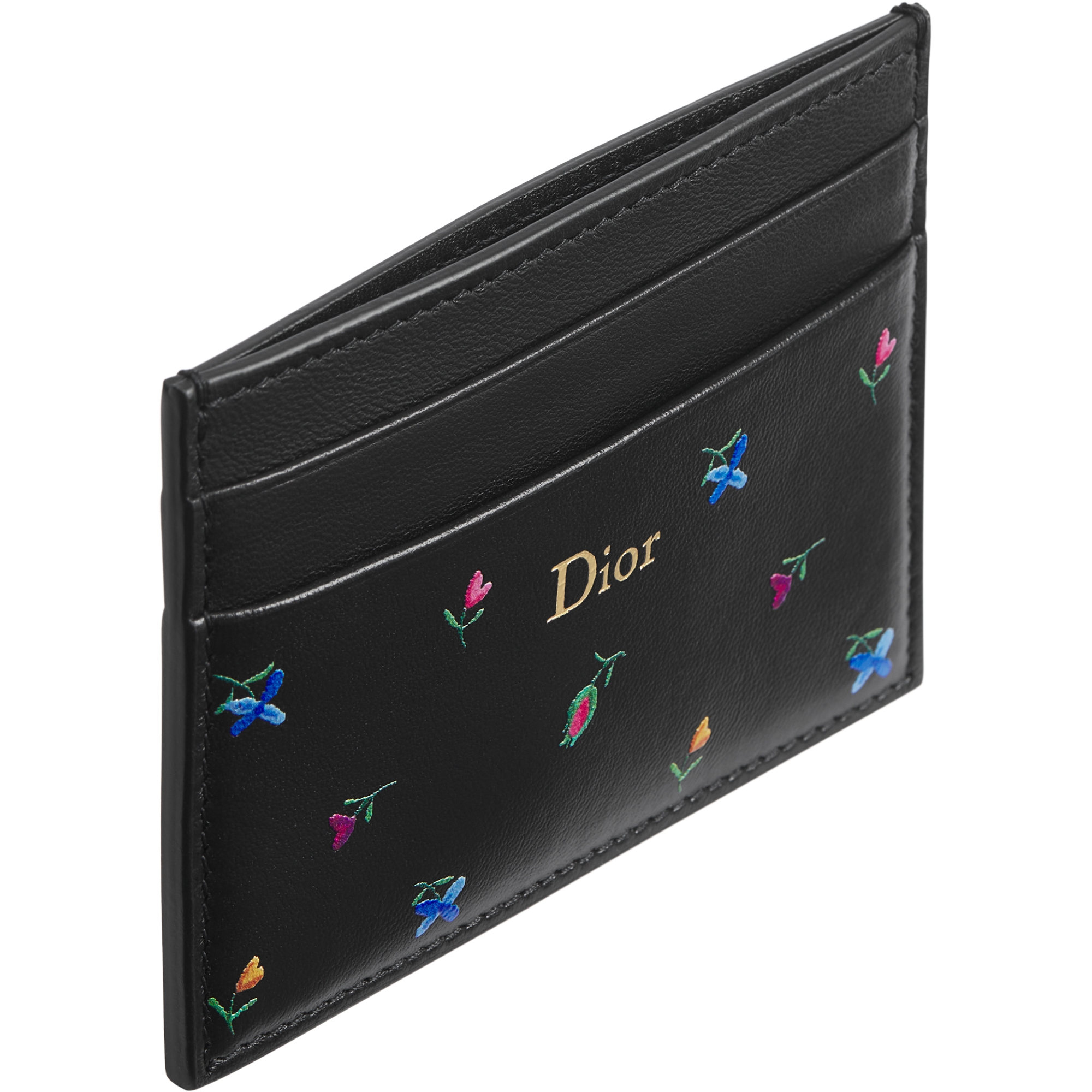 Dioramour Dior Freesia Card Holder Black Lambskin Printed with Multicolor Revolution Flowers Motif E06