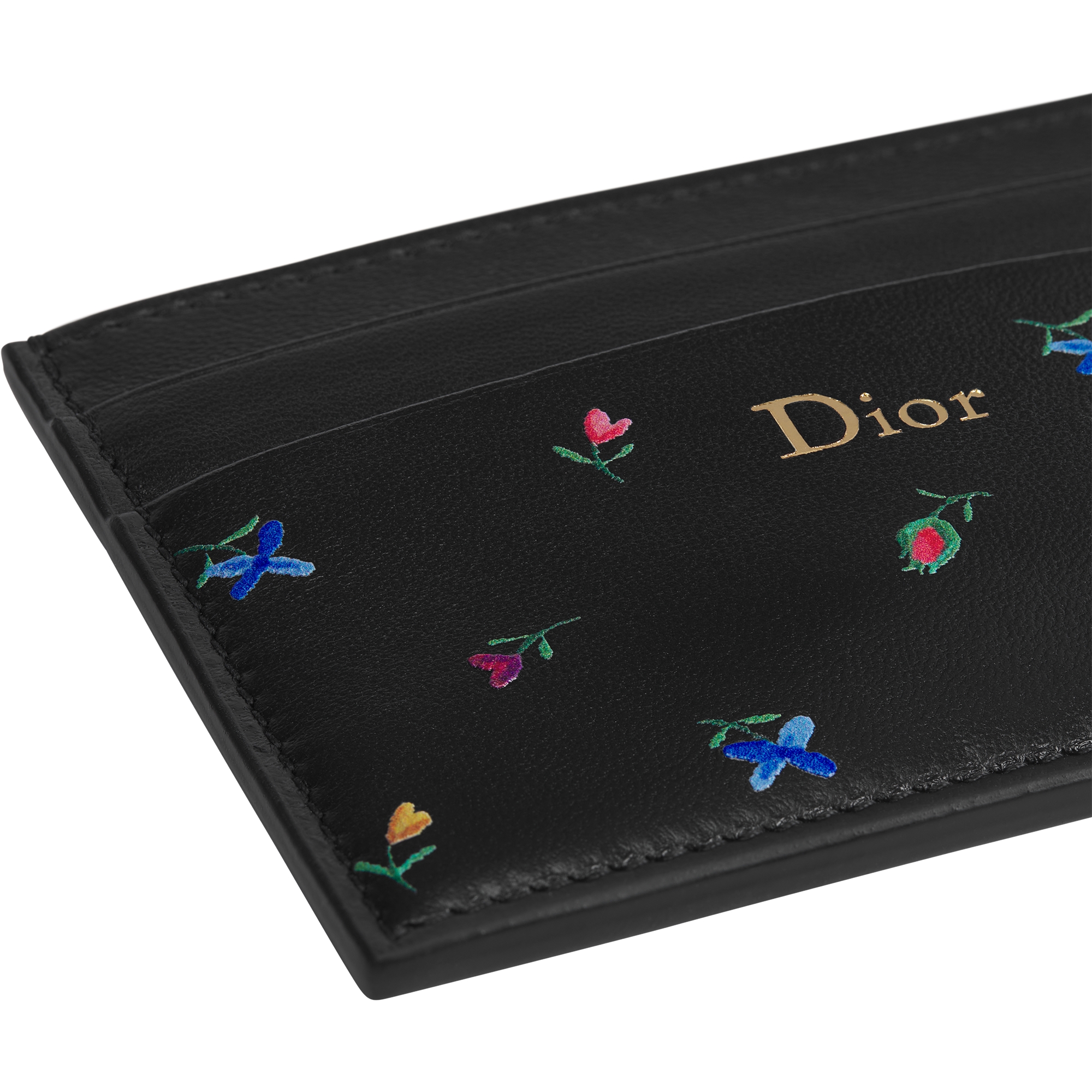 Dioramour Dior Freesia Card Holder Black Lambskin Printed with Multicolor Revolution Flowers Motif E09