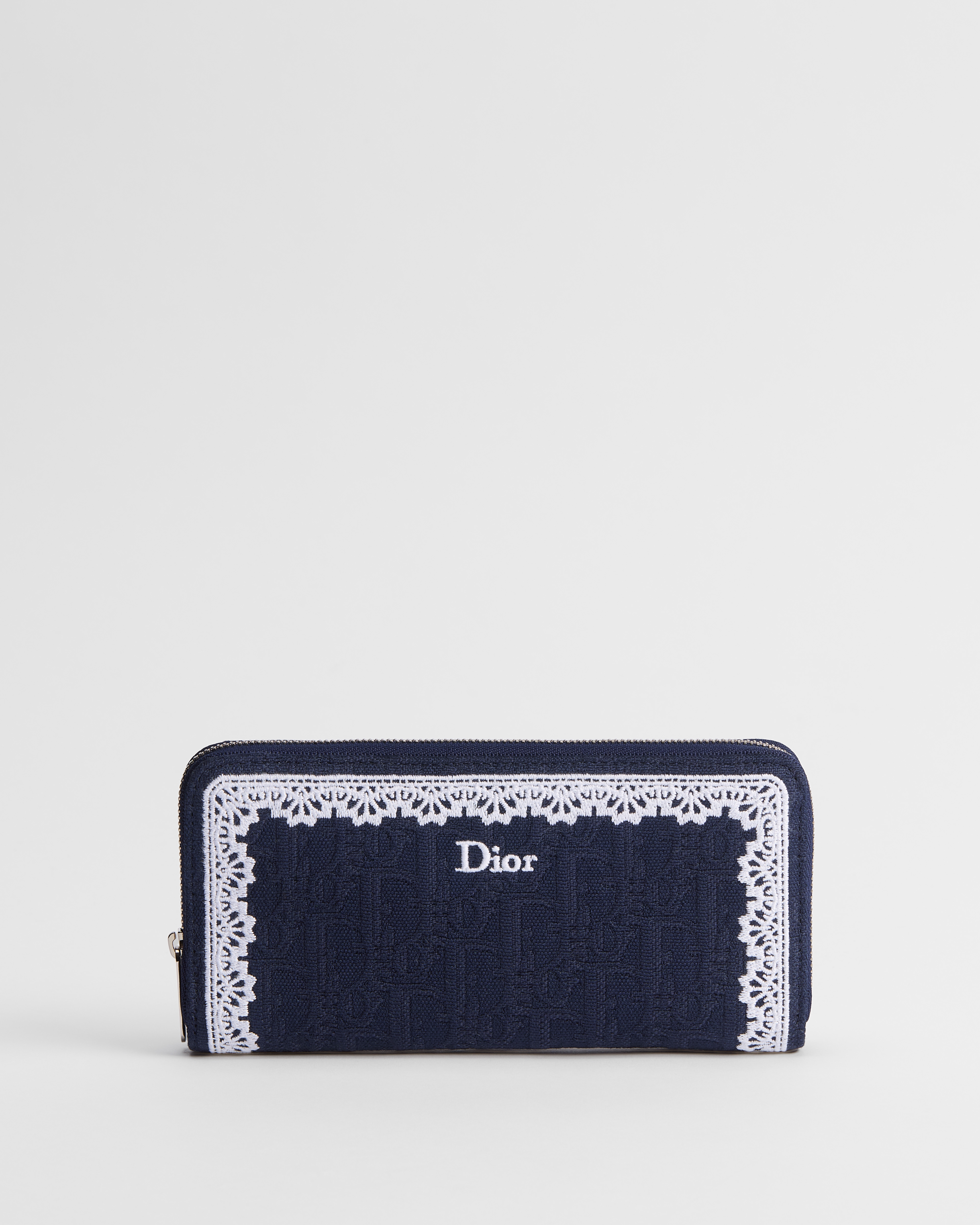 Schmales Dior Oblique Voyageur Portemonnaie Dior Oblique Jacquard in Indaco und Spitze in Ecru E01