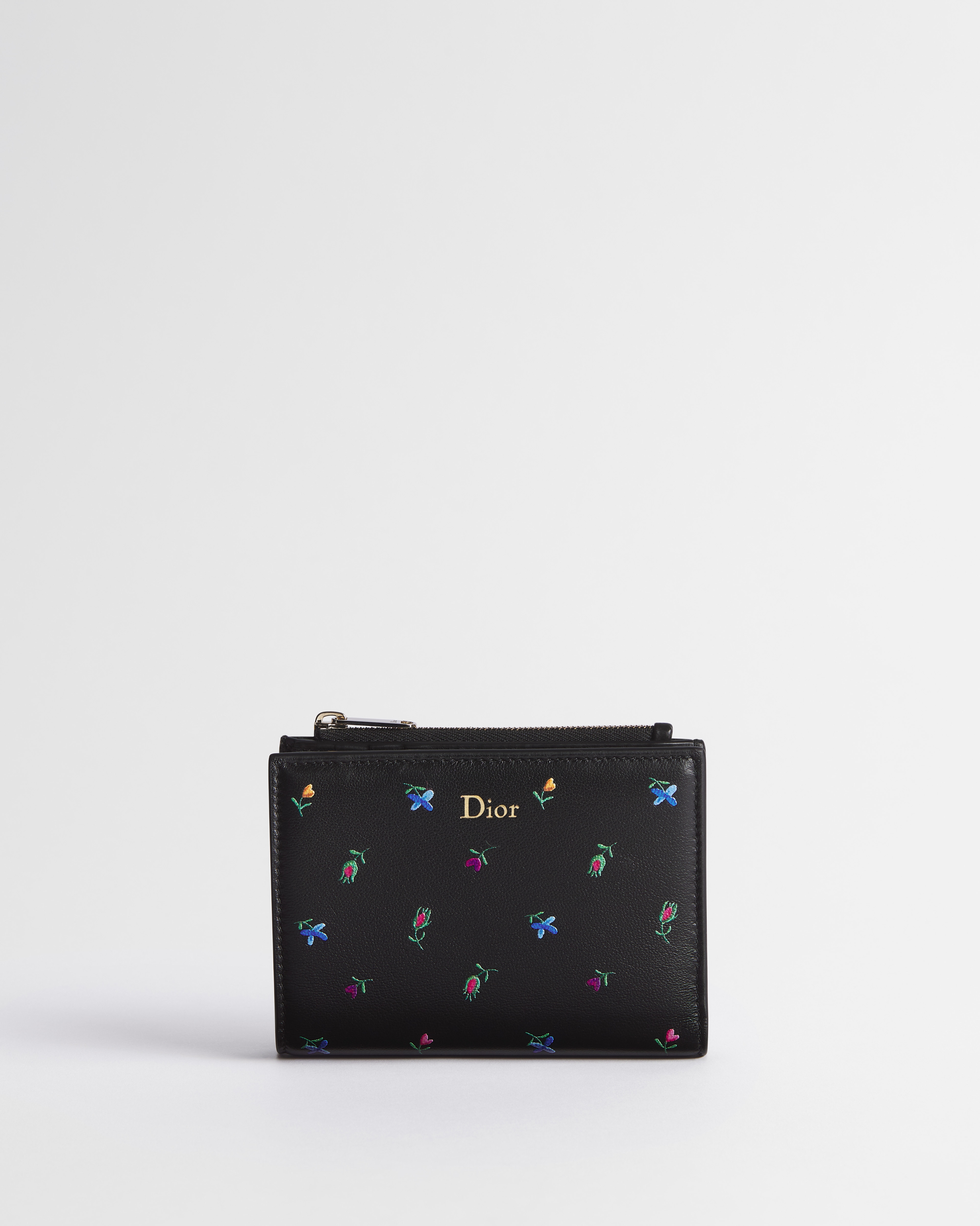 Dioramour Dior Dahlia Wallet Black Lambskin Printed with Multicolor Revolution Flowers Motif E01