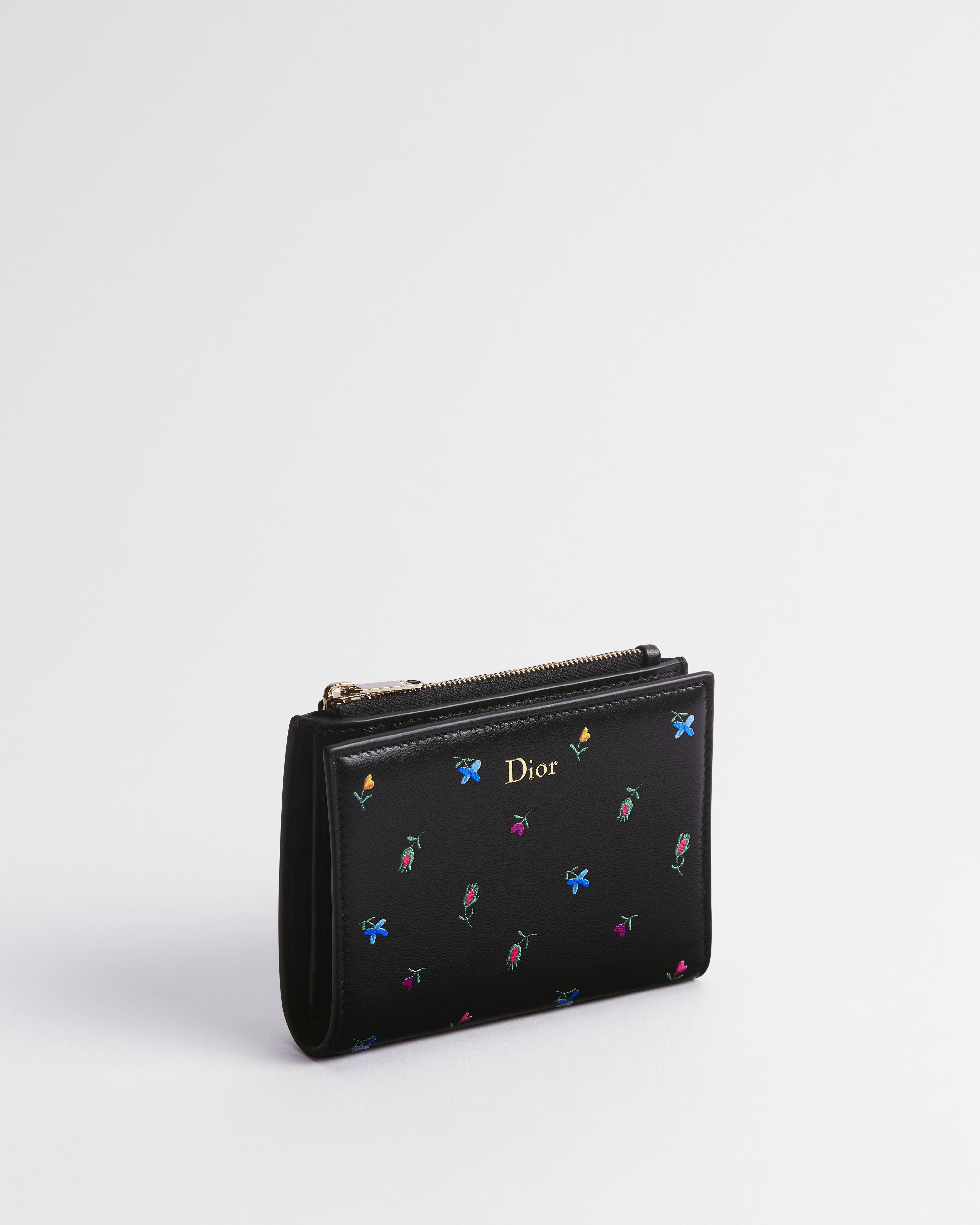 Dioramour Dior Dahlia Wallet Black Lambskin Printed with Multicolor Revolution Flowers Motif E03
