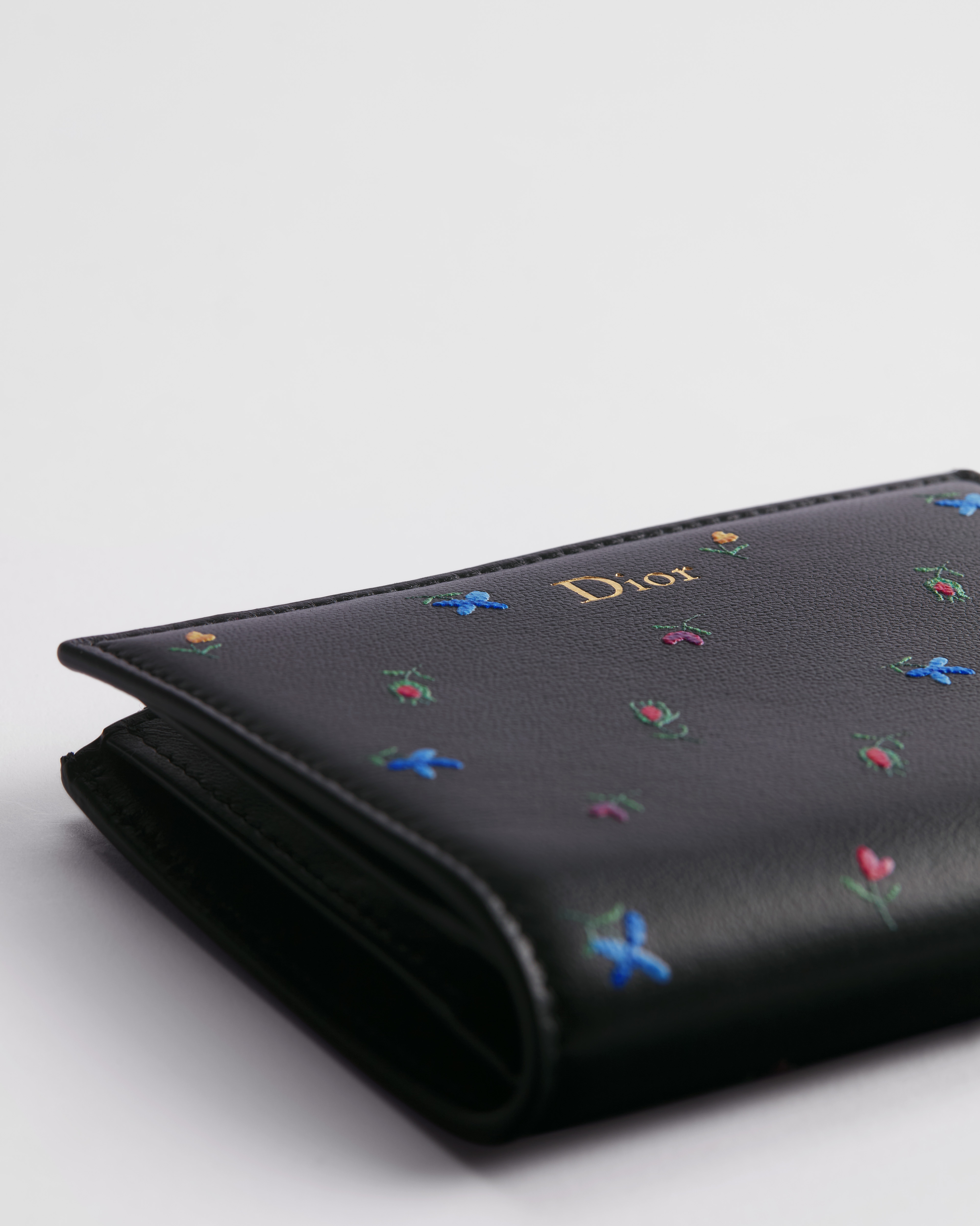 Dioramour Dior Dahlia Wallet Black Lambskin Printed with Multicolor Revolution Flowers Motif E09