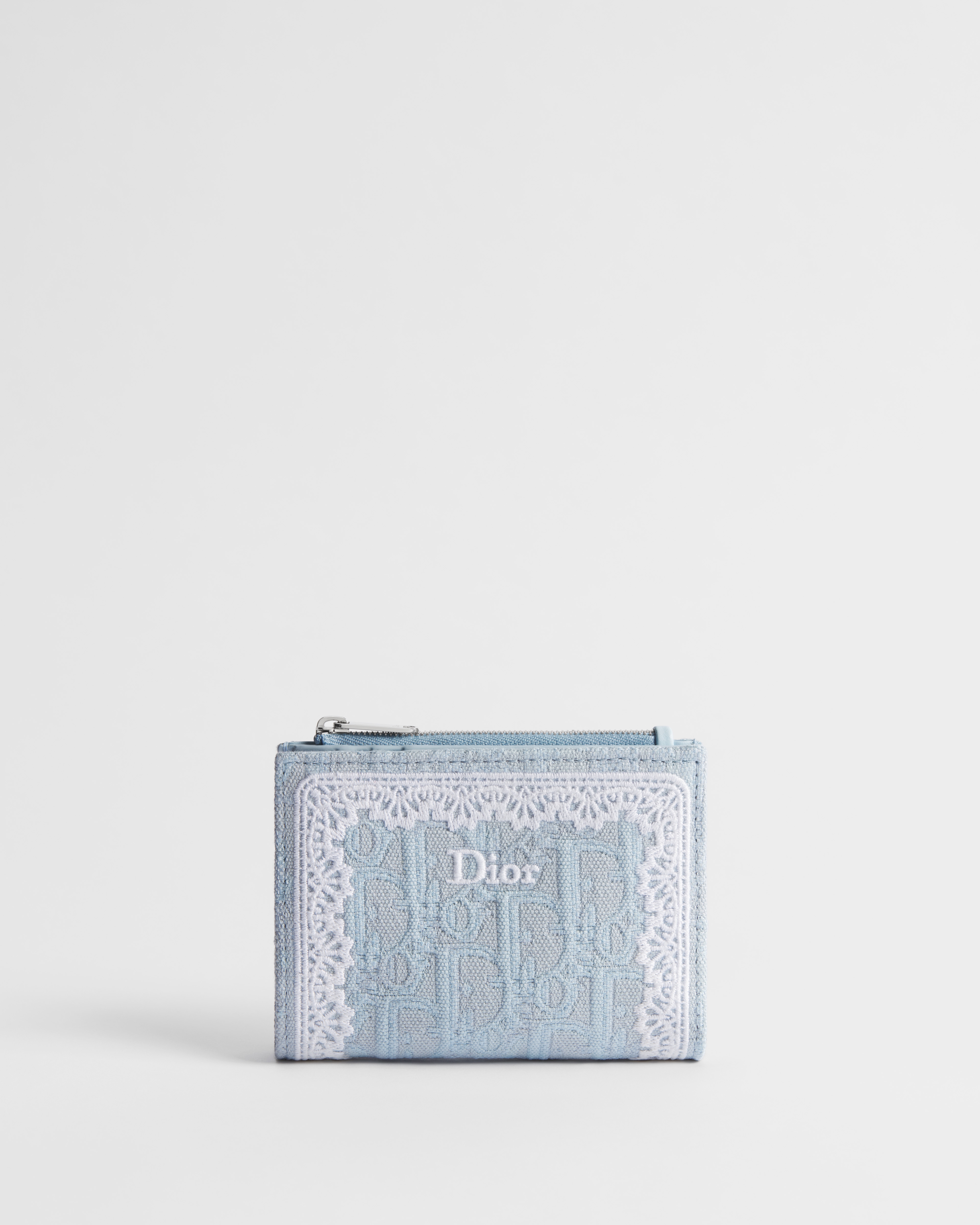 Dior Oblique Dahlia Portemonnaie Dior Oblique Stickerei in Bleu Céleste und Spitze in Weiß E01