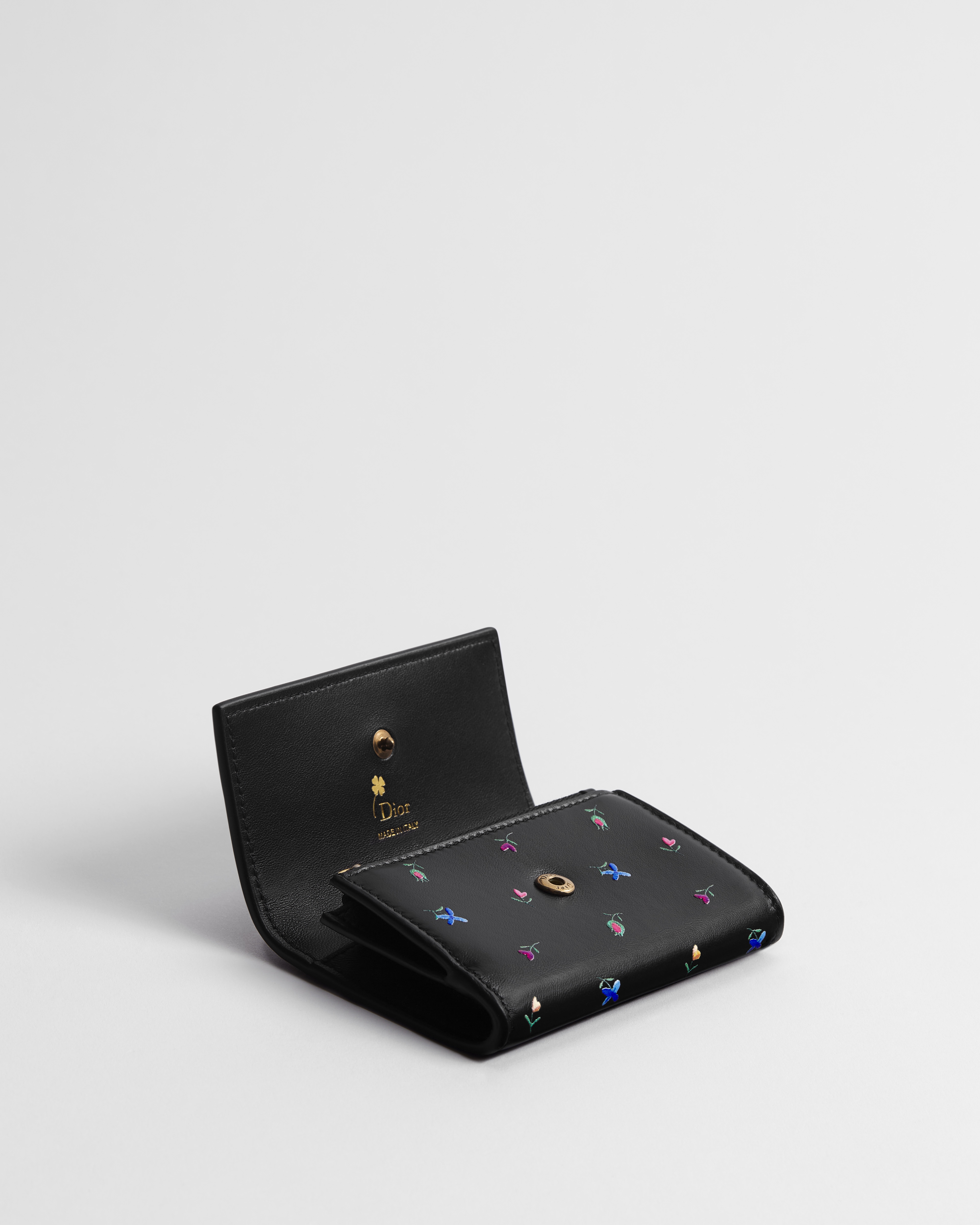 Dioramour Dior Glycine Wallet Black Lambskin Printed with Multicolor Revolution Flowers Motif E07