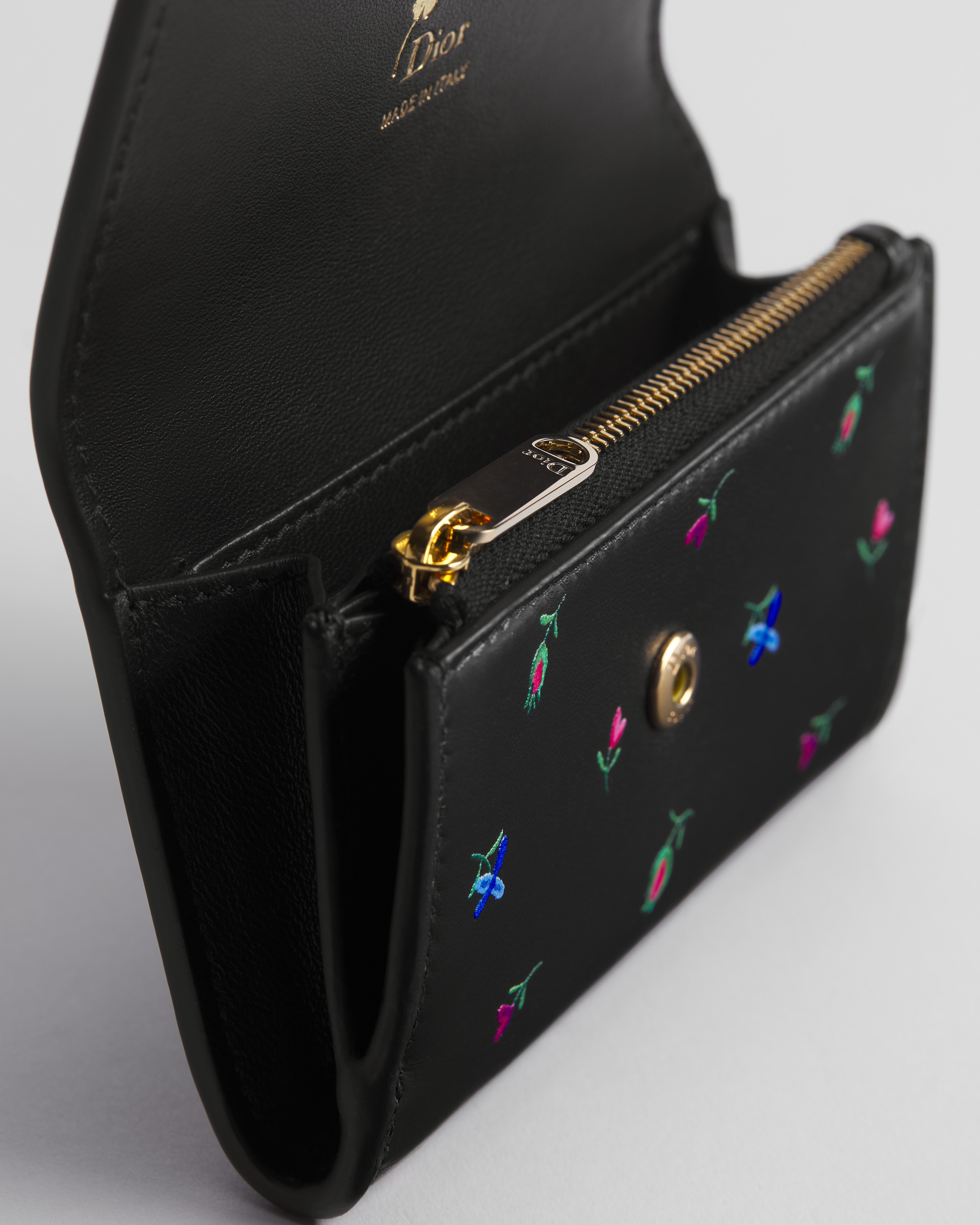 Dioramour Dior Glycine Wallet Black Lambskin Printed with Multicolor Revolution Flowers Motif E09