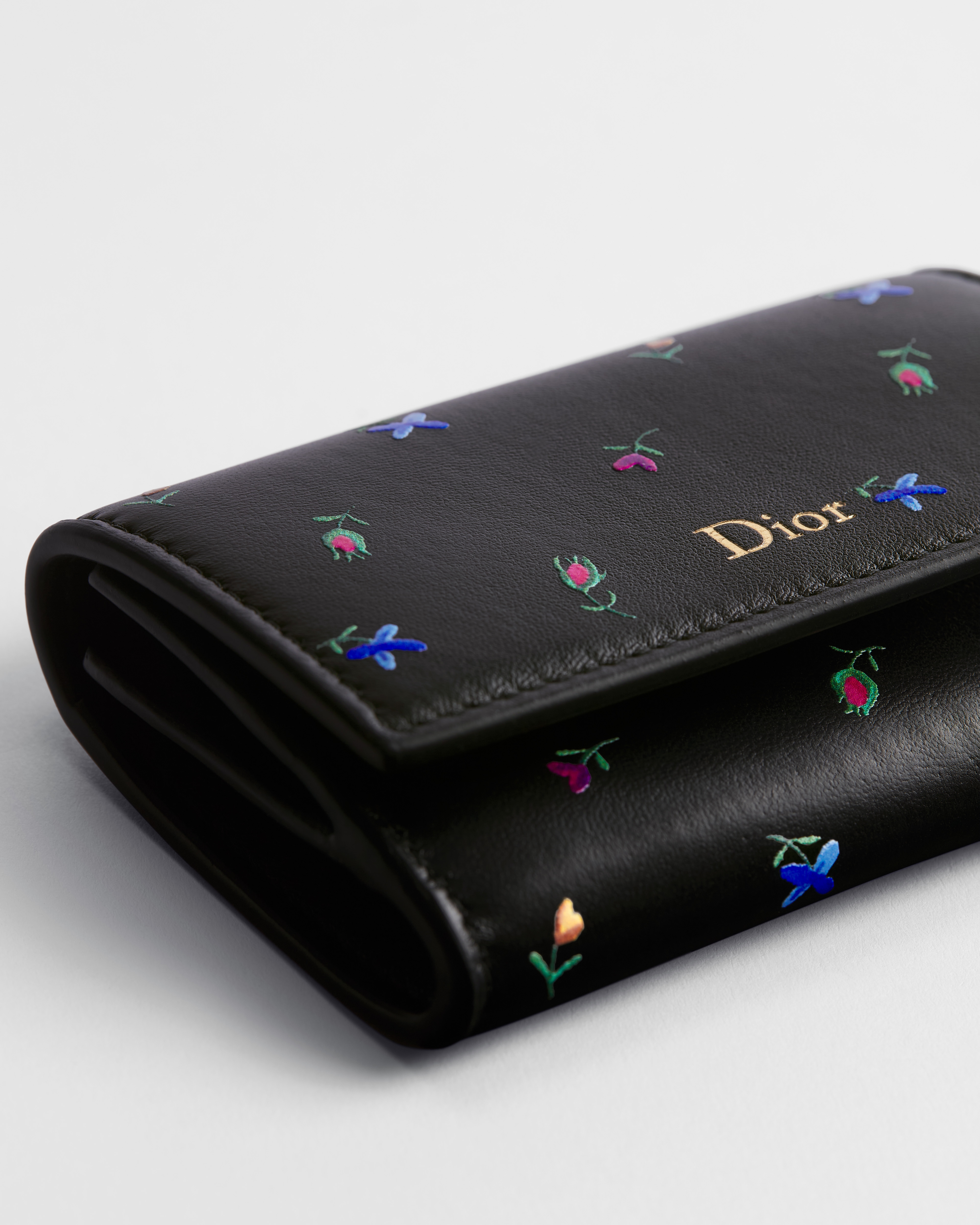 Dioramour Dior Glycine Wallet Black Lambskin Printed with Multicolor Revolution Flowers Motif E10