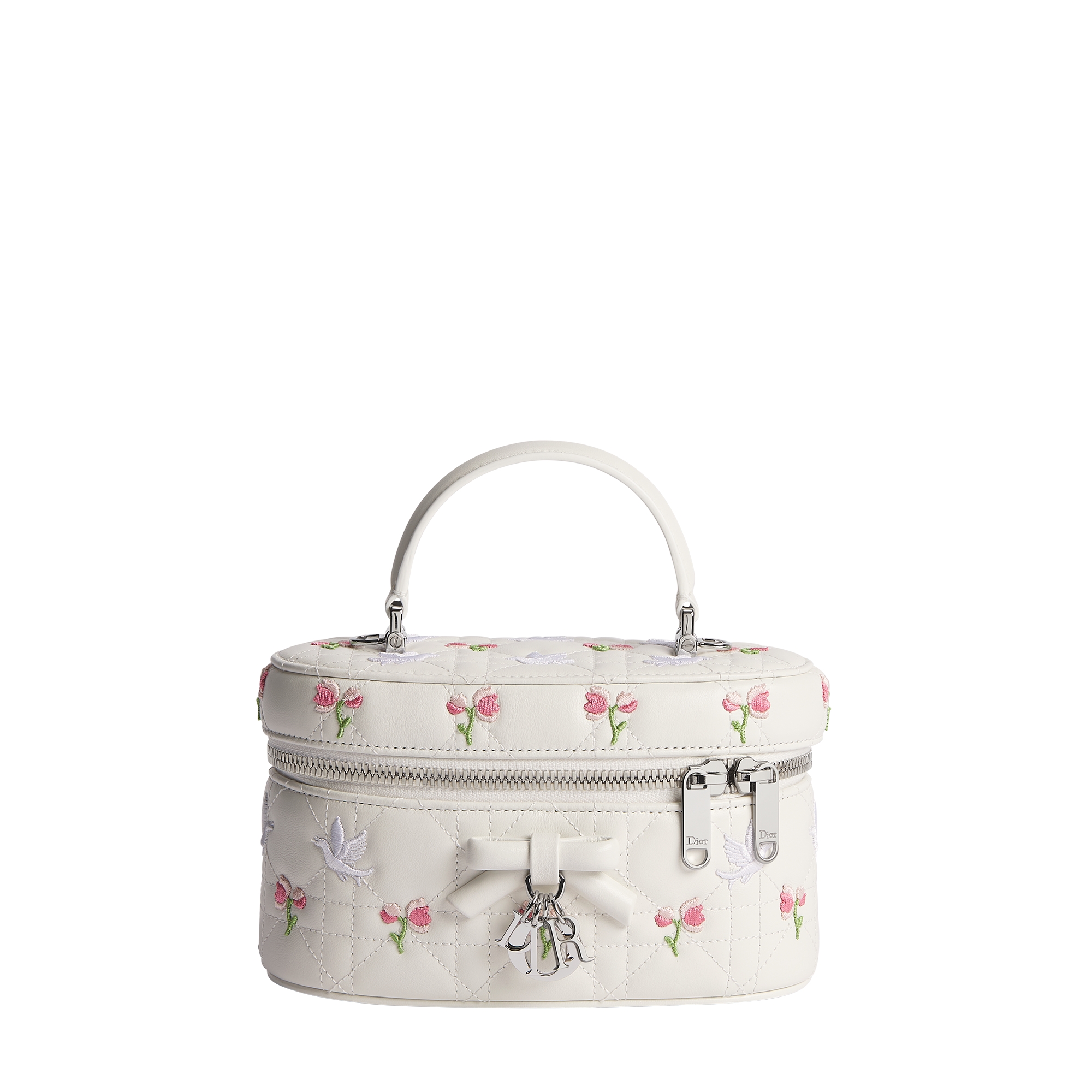 Dioramour Mini Vanity Case White Cannage Lambskin Embroidered with Multicolor Doves & Roses Motif E01