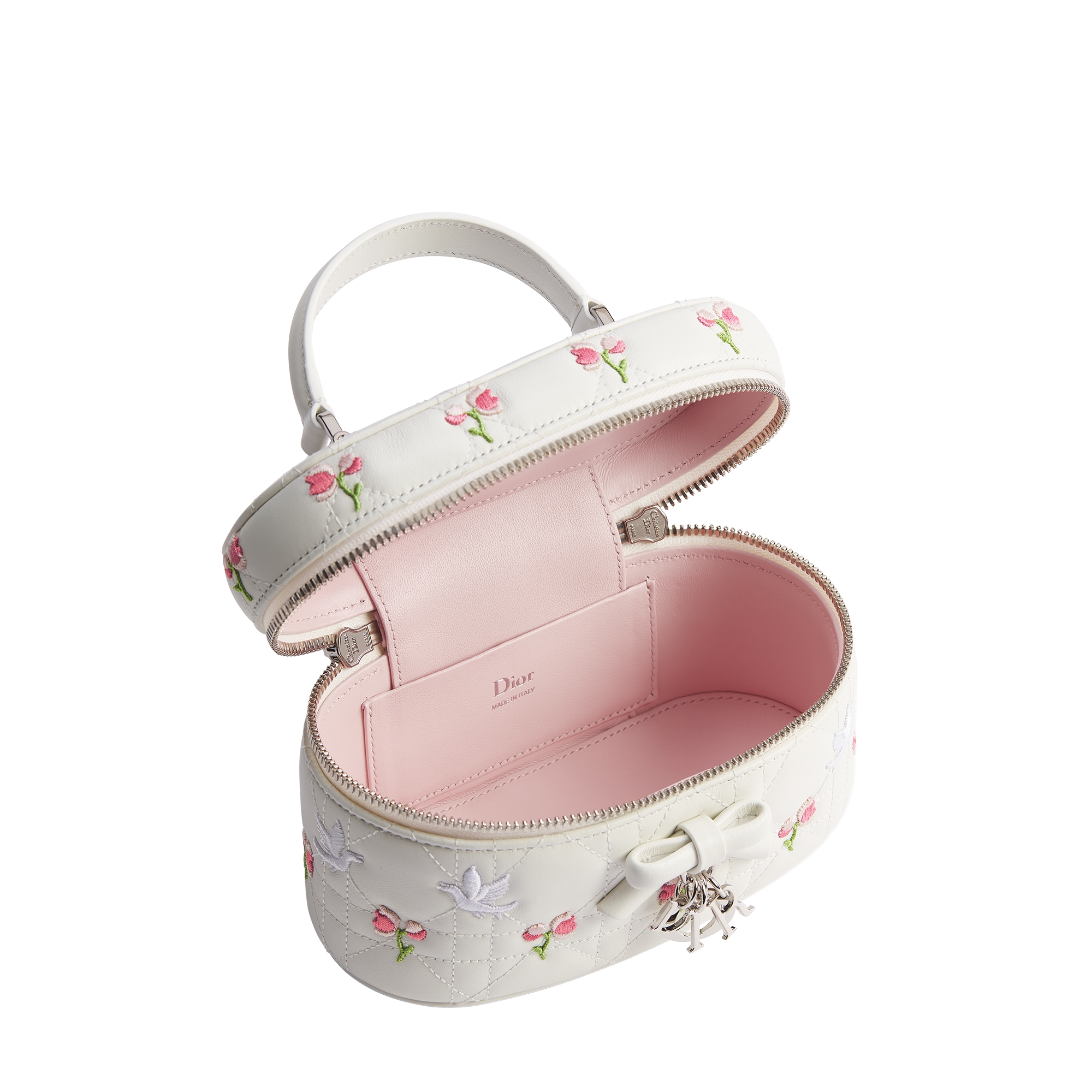 Dioramour Mini Vanity Case White Cannage Lambskin Embroidered with Multicolor Doves & Roses Motif E06