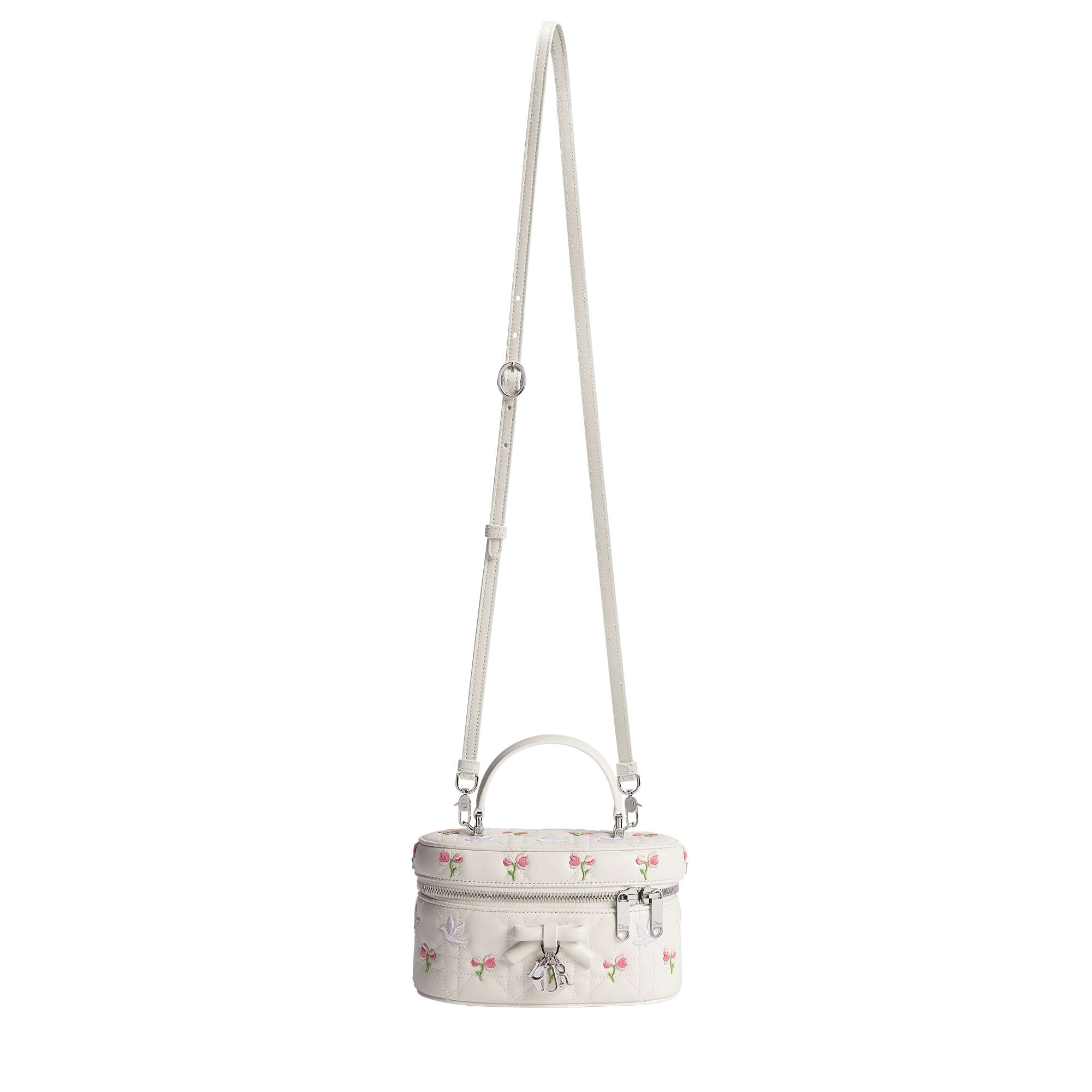 Dioramour Mini Vanity Case White Cannage Lambskin Embroidered with Multicolor Doves & Roses Motif E07