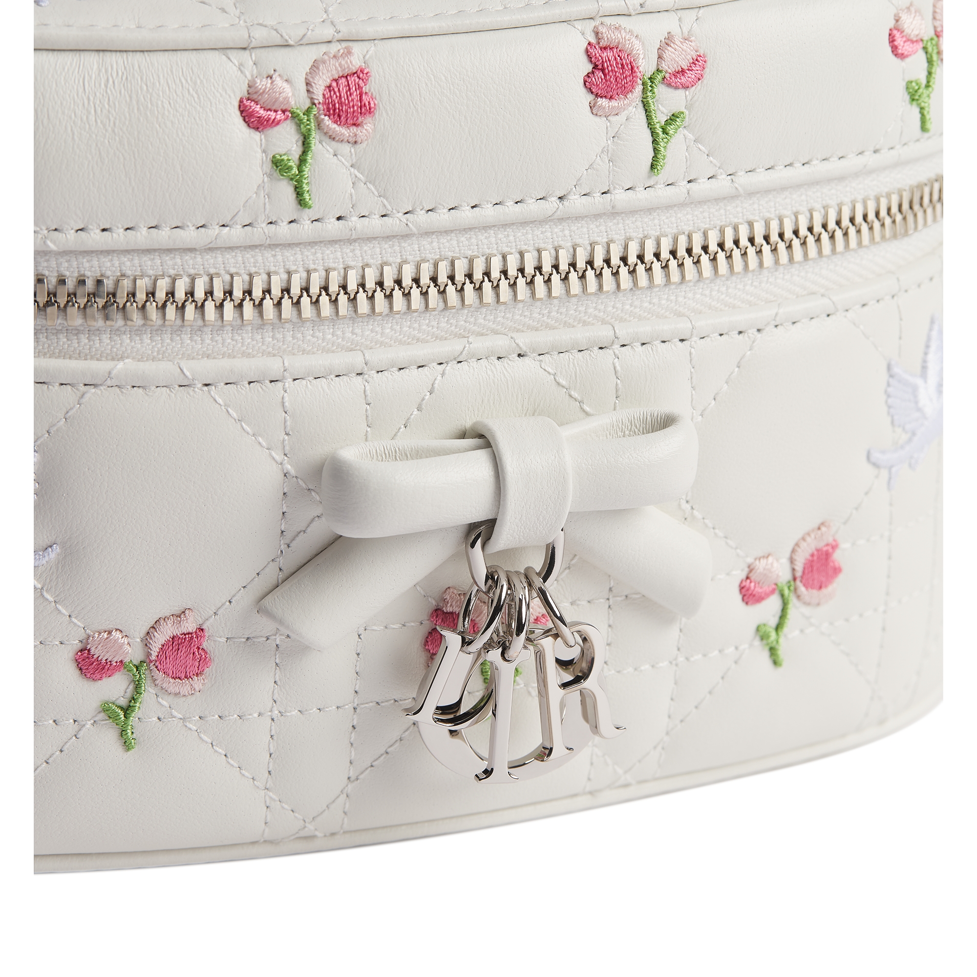 Dioramour Mini Vanity Case White Cannage Lambskin Embroidered with Multicolor Doves & Roses Motif E09
