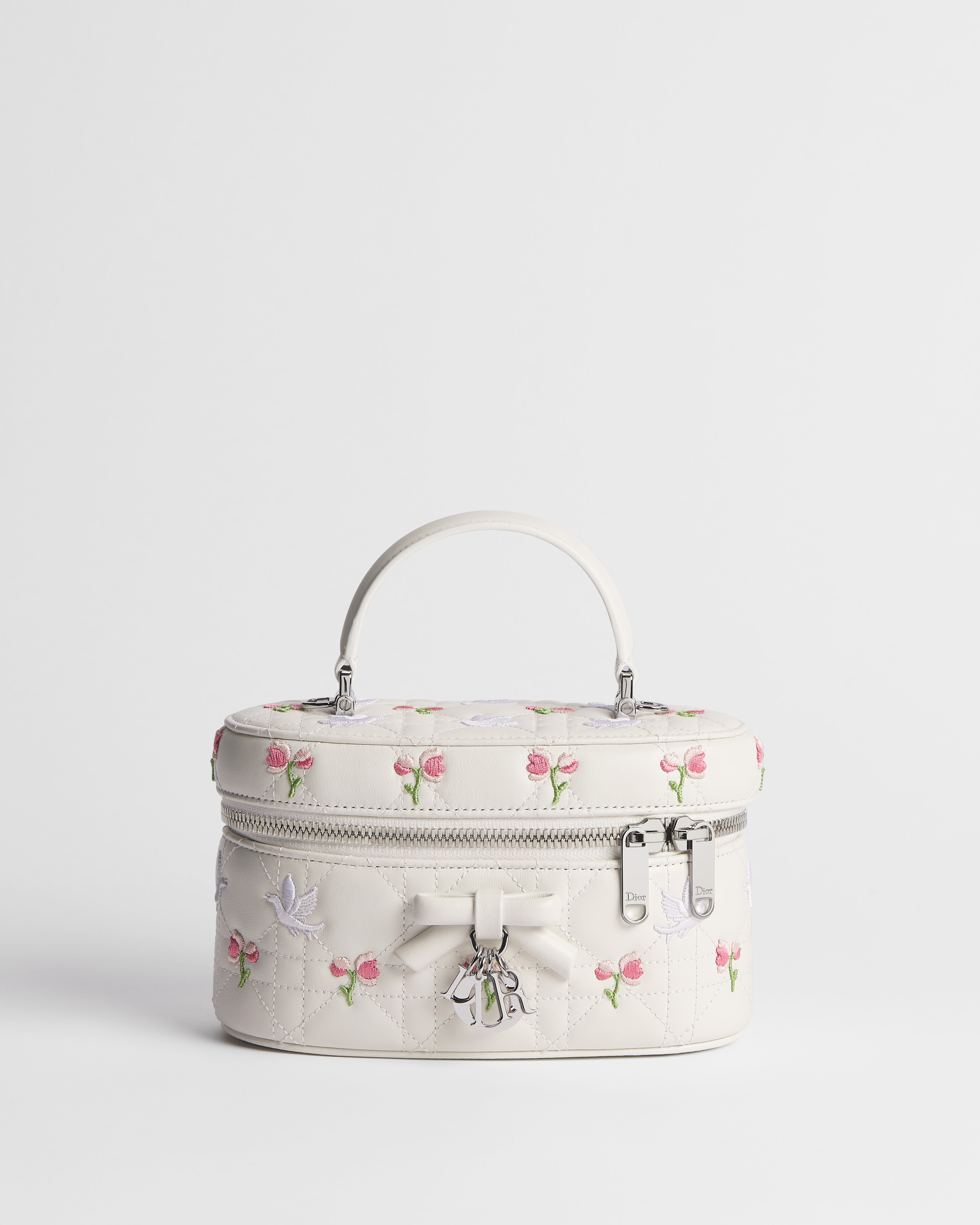 Dioramour 미니 베니티 케이스 화이트 까나쥬 양가죽, 멀티 컬러 Doves & Roses 모티브 자수 E01