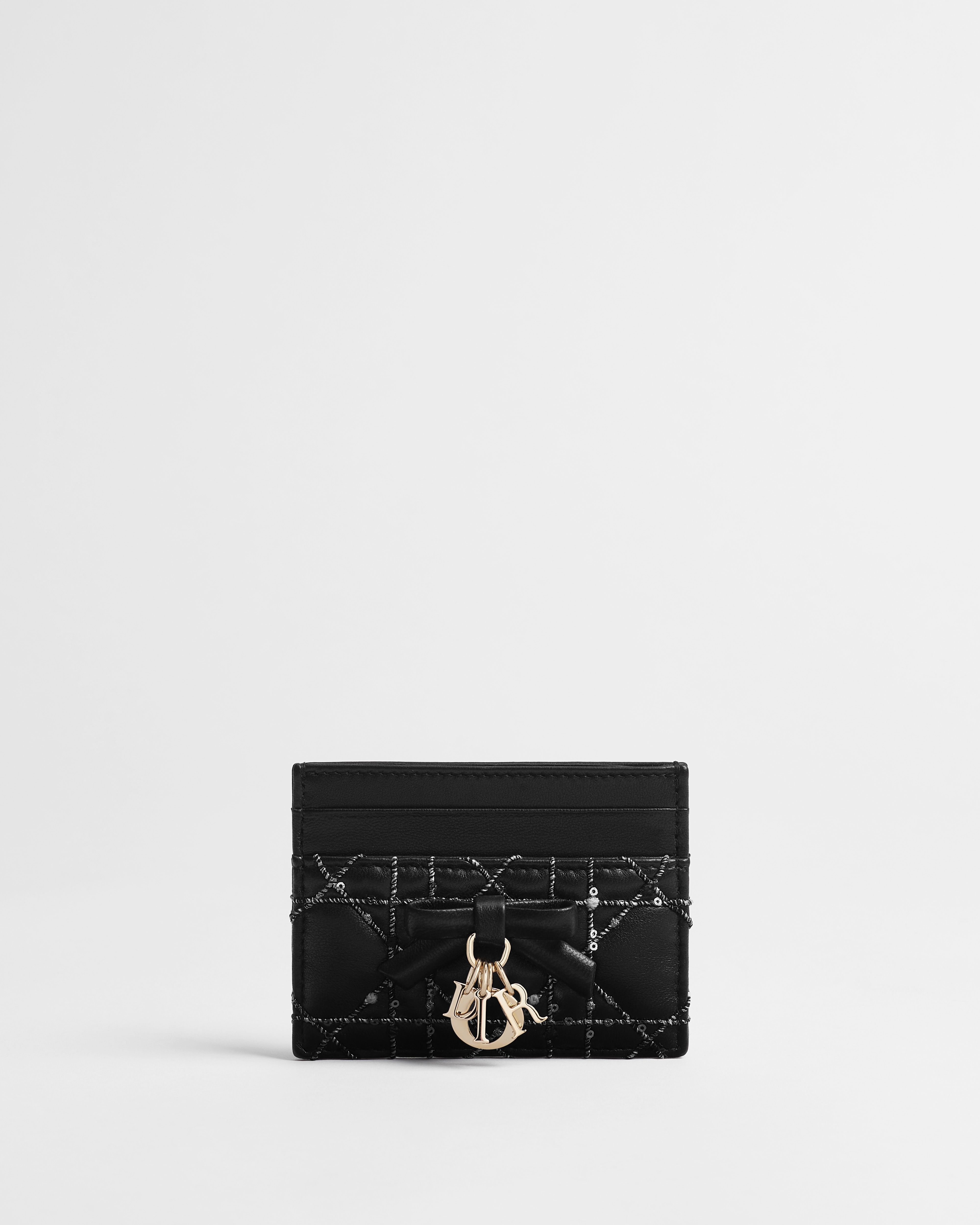 Lady Dior Freesia カードホルダー ブラック カナージュ ブークレ ラムスキン (シルバートーン スパンコール) E01