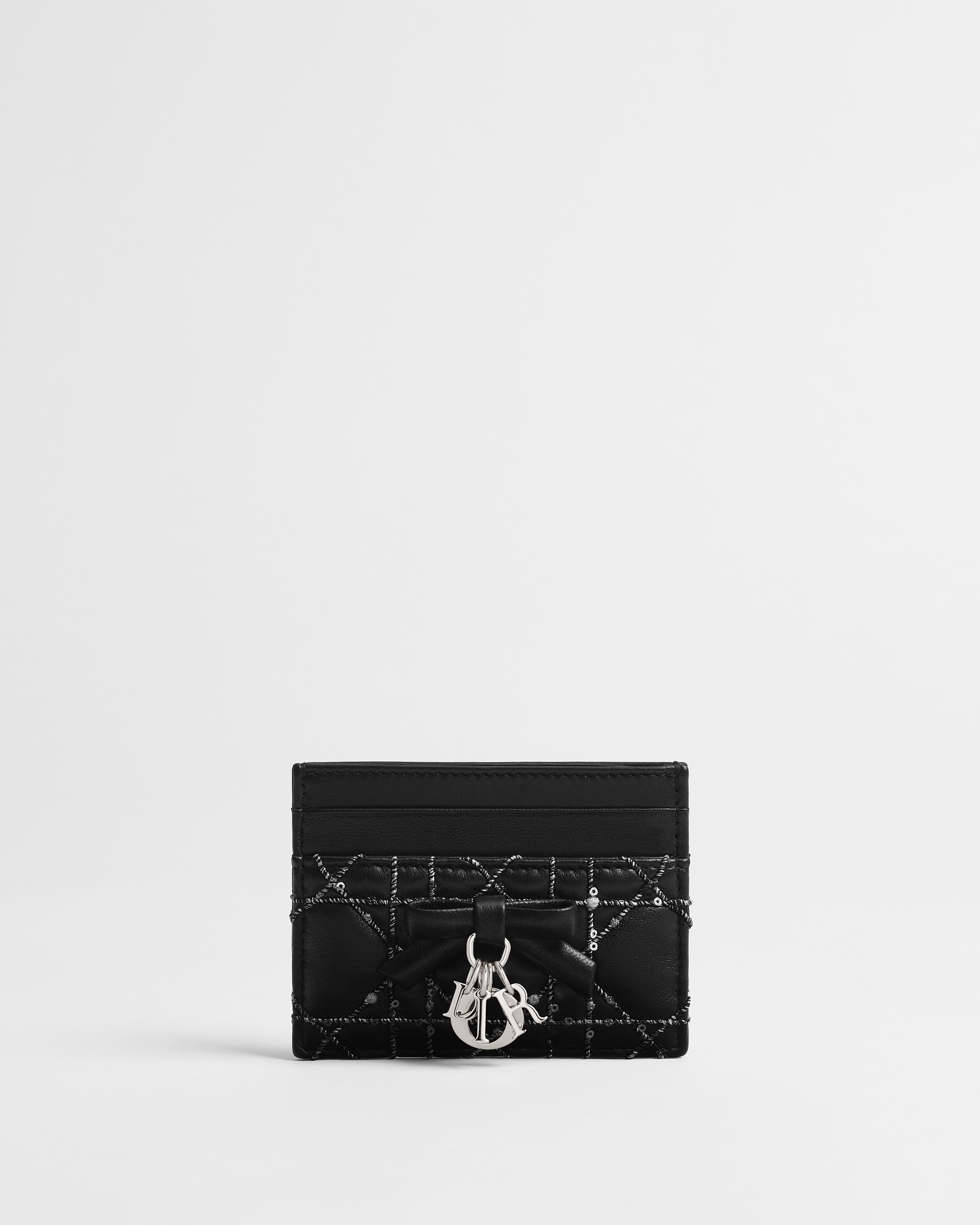 Lady Dior Freesia カードホルダー ブラック カナージュ ブークレ ラムスキン (シルバートーン スパンコール) E01