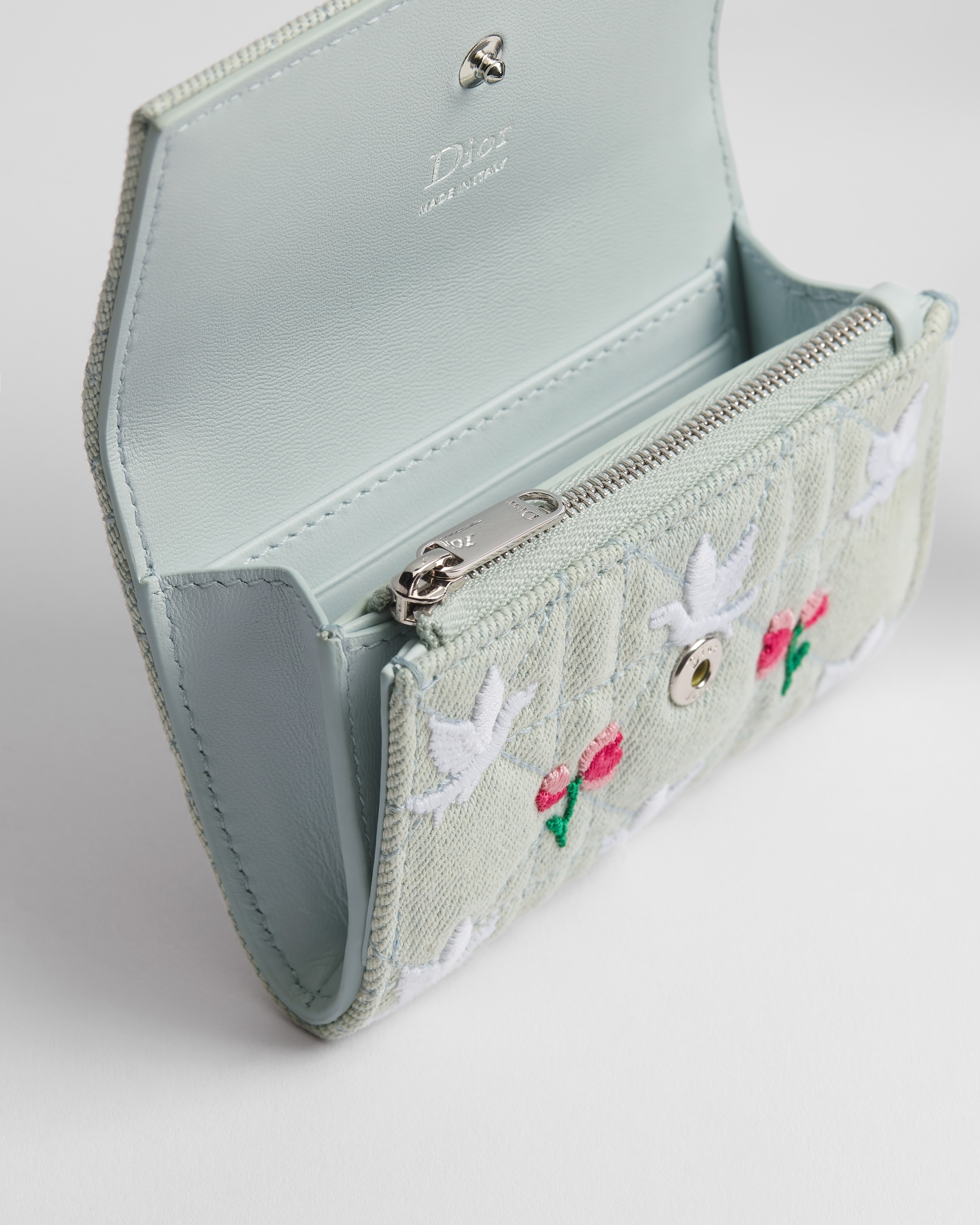 Dioramour My Dior Glycine Wallet Blue Cannage Denim Embroidered with Multicolor Doves & Roses Motif E09