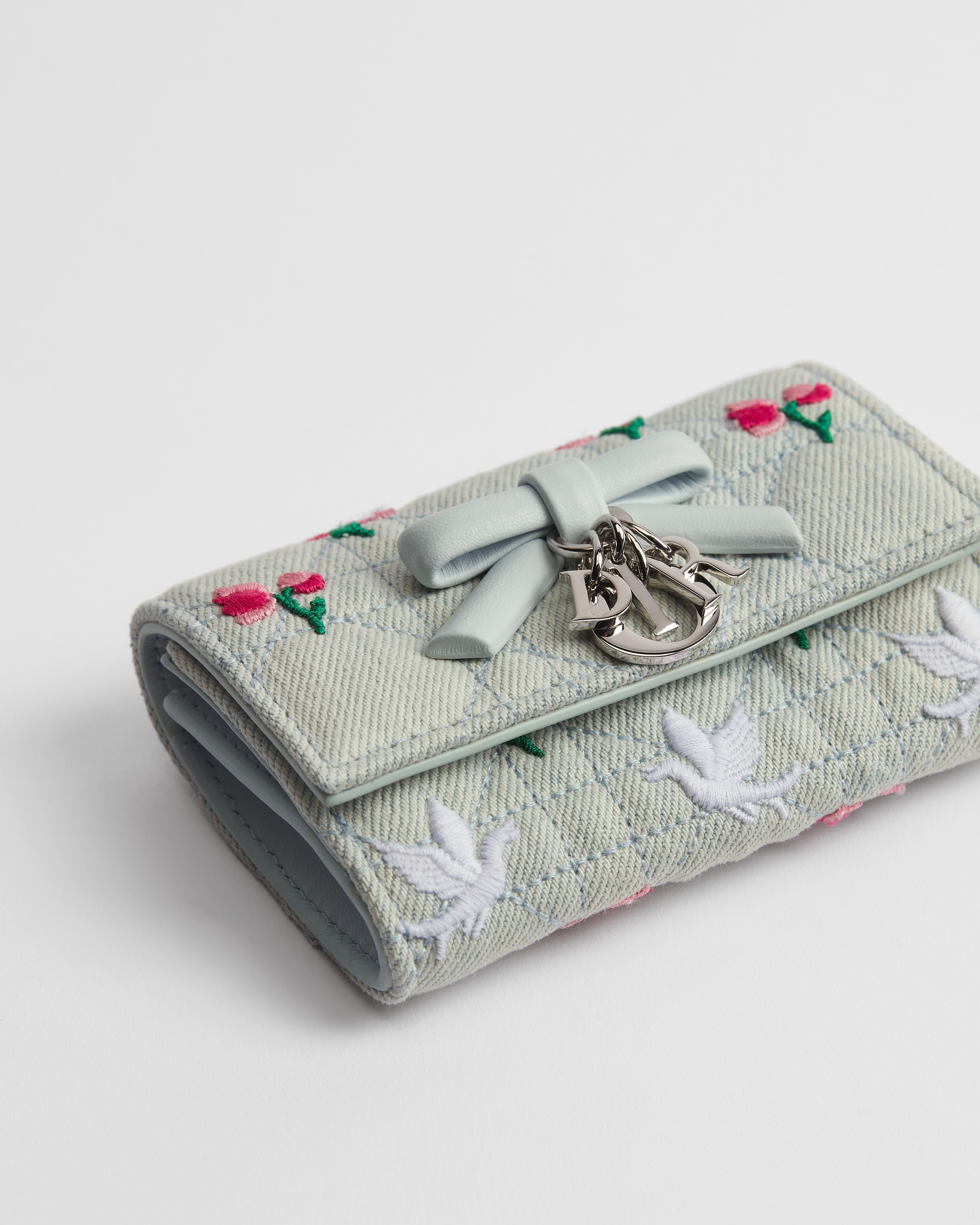 Dioramour My Dior Glycine Wallet Blue Cannage Denim Embroidered with Multicolor Doves & Roses Motif E10
