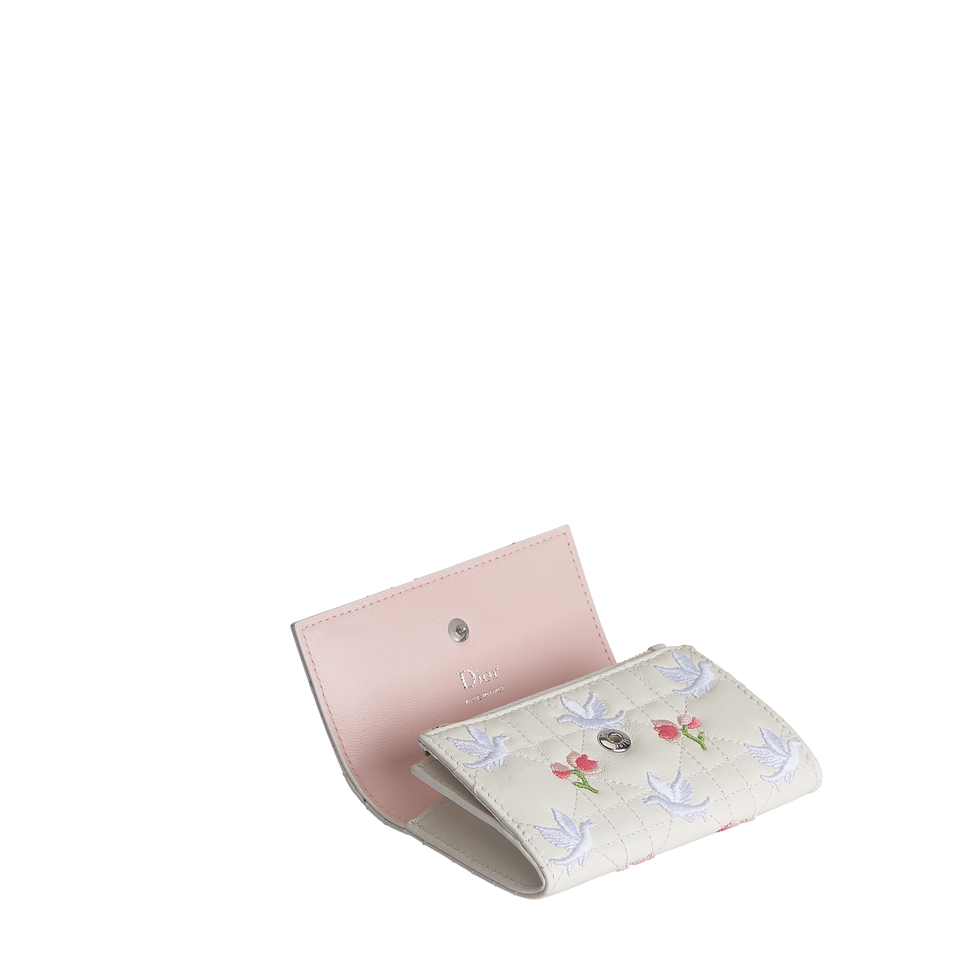 Dioramour My Dior Glycine Wallet White Cannage Lambskin Embroidered with Multicolor Doves & Roses Motif E06